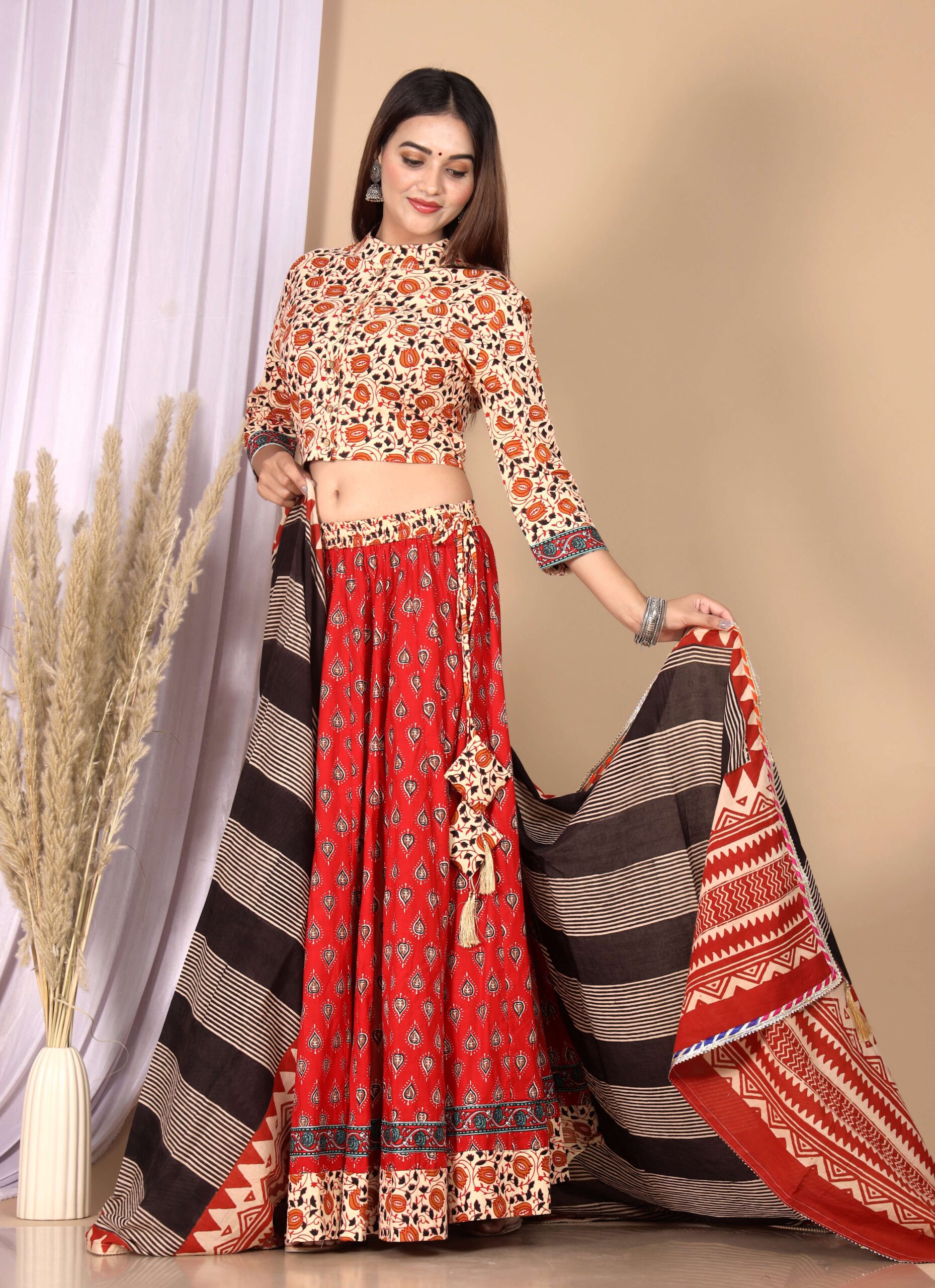 Women’s Red Cotton Printed Lehenga Choli Dupatta Set