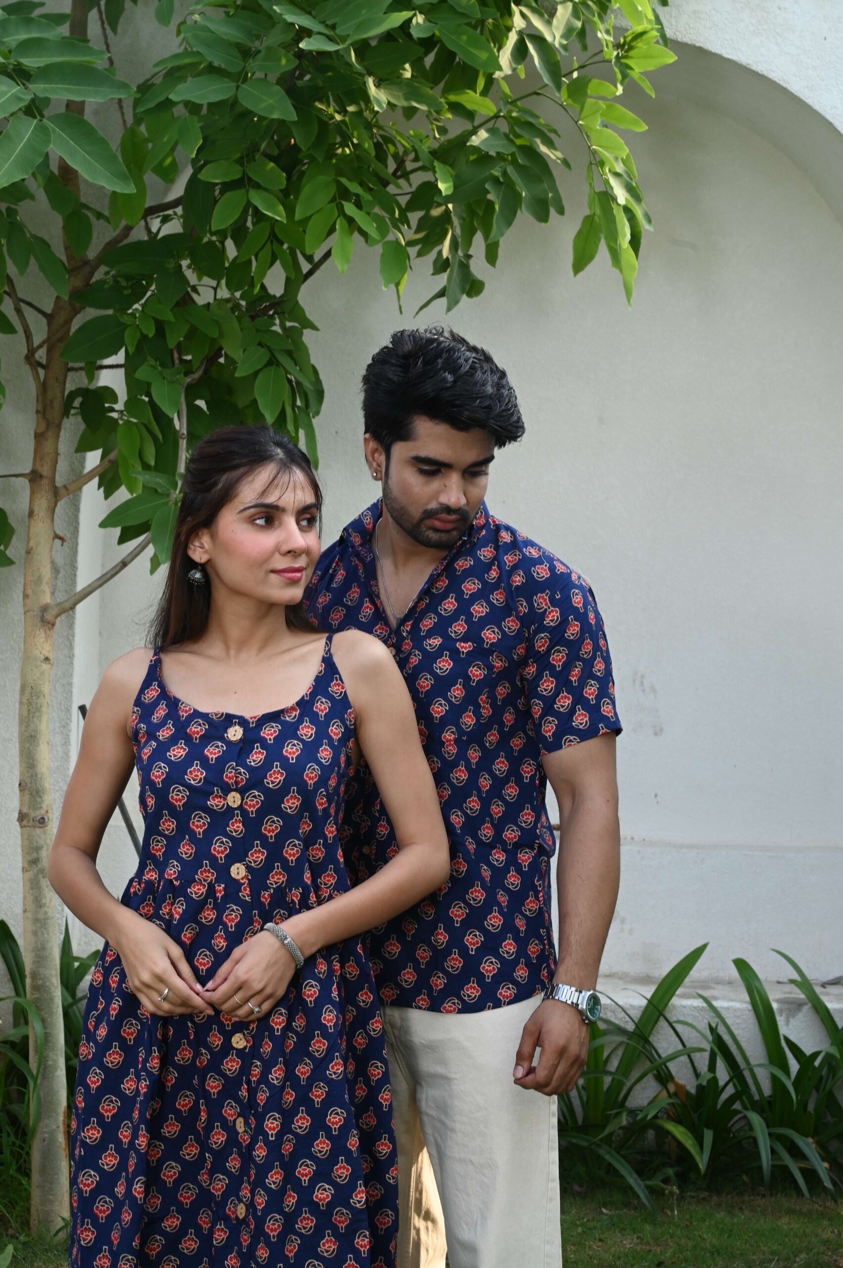 Couple Matching Outfit ? Navy Blue Cotton Printed Midi Dress & Shirt Set, Summer Casual Wear