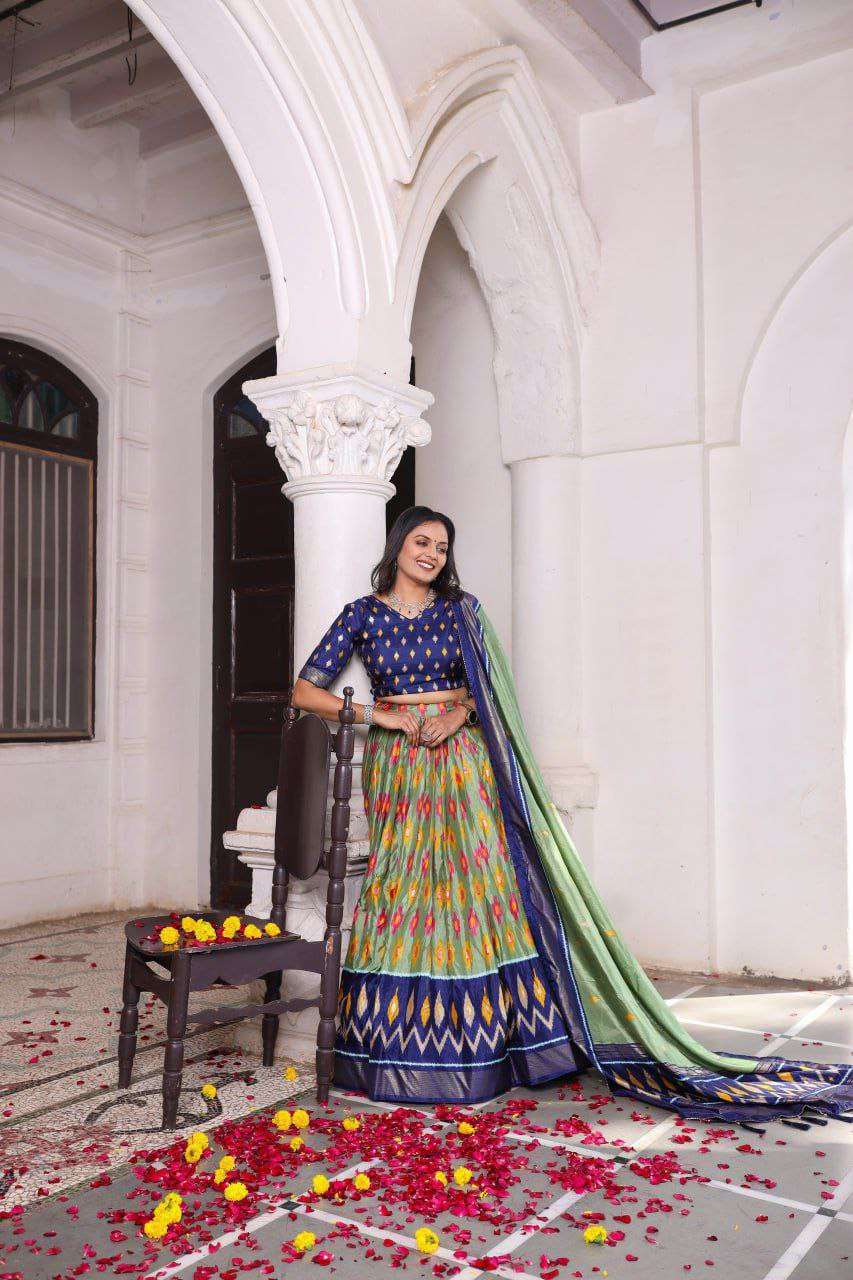 Olive Green Dola Silk Lehenga Choli with Blue Blouse | Patola Print & Foil Work | Wedding & Festive Wear
