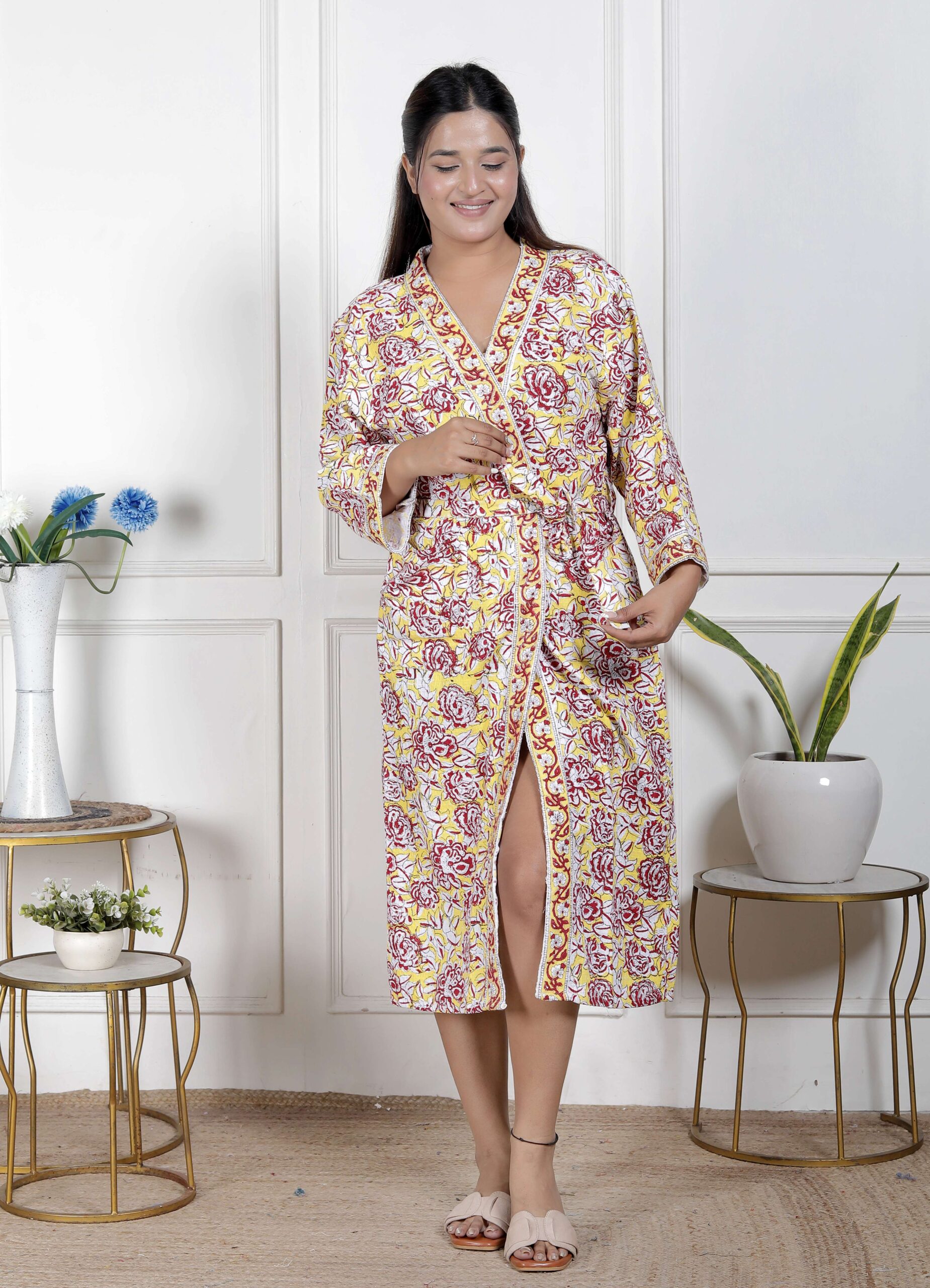 Handcrafted Cotton Block Printed Long Robe | Comfortable Loungewear & Bathrobe for Women