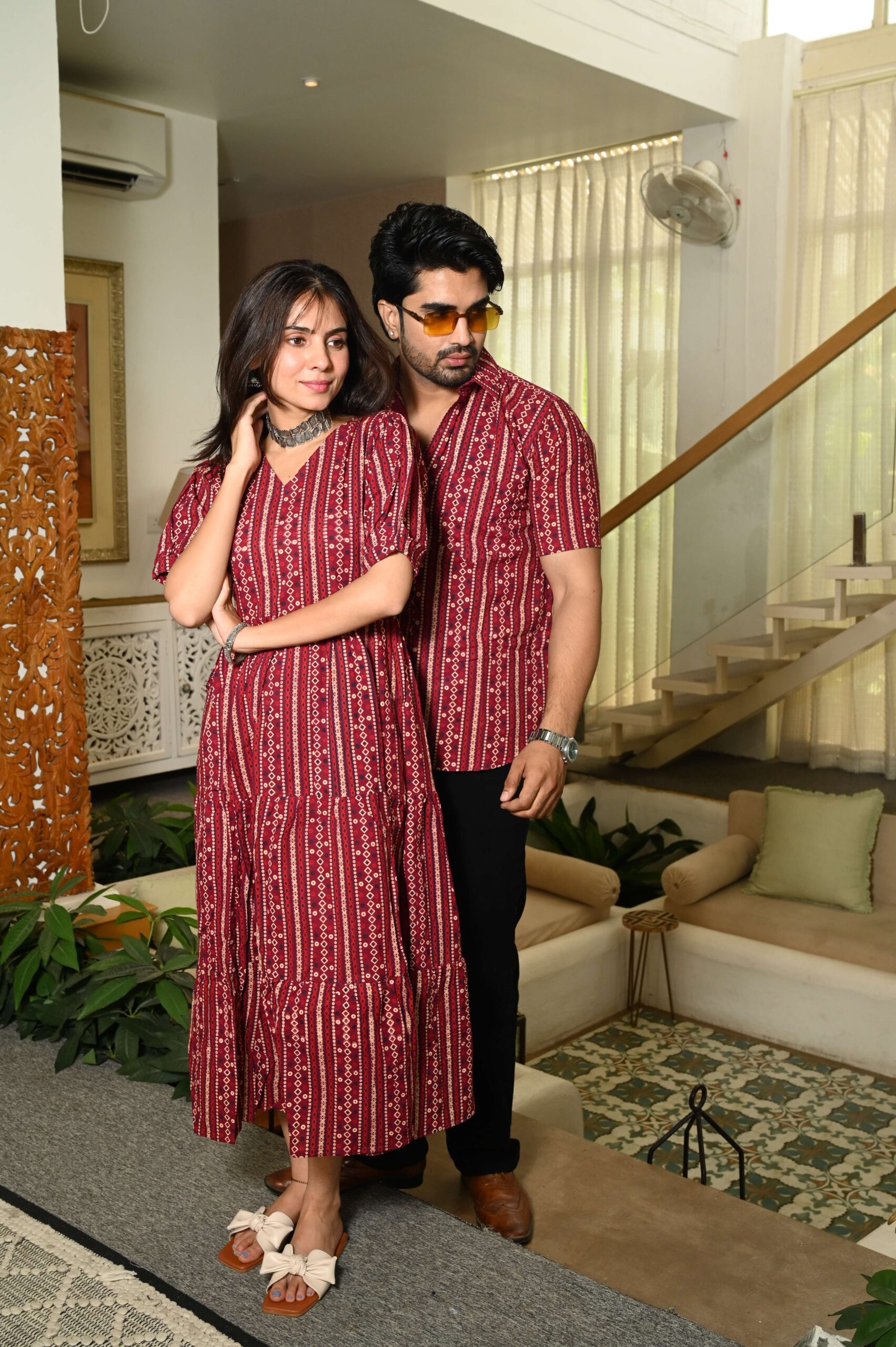 Couple Matching Maroon Cotton Anarkali Midi Dress and Shirt Set ? Vertical Stripe Ethnic Print