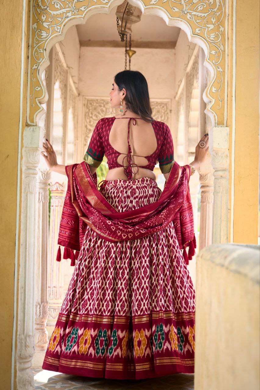 Full Maroon Tussar Silk Lehenga Choli with White Blouse | Patola Print & Foil Work | Wedding & Festive Wear
