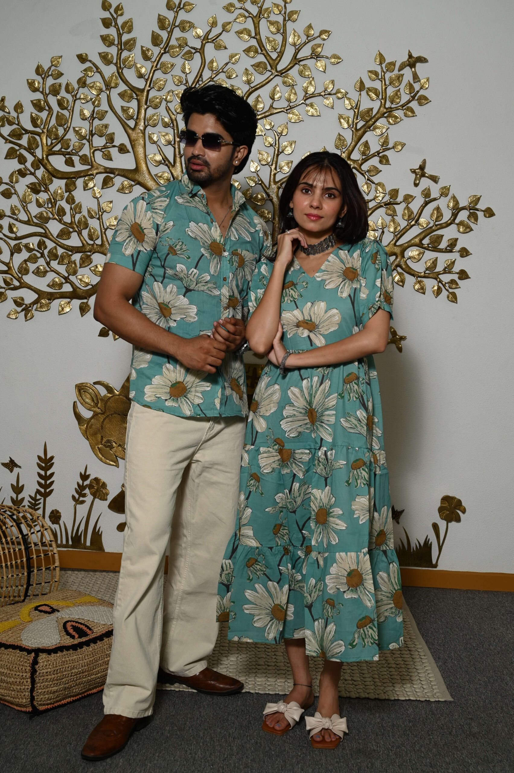 Couple Matching Teal-Blue floral Printed Cotton Anarkali Midi Dress & Shirt Set ? Summer Casual Wear