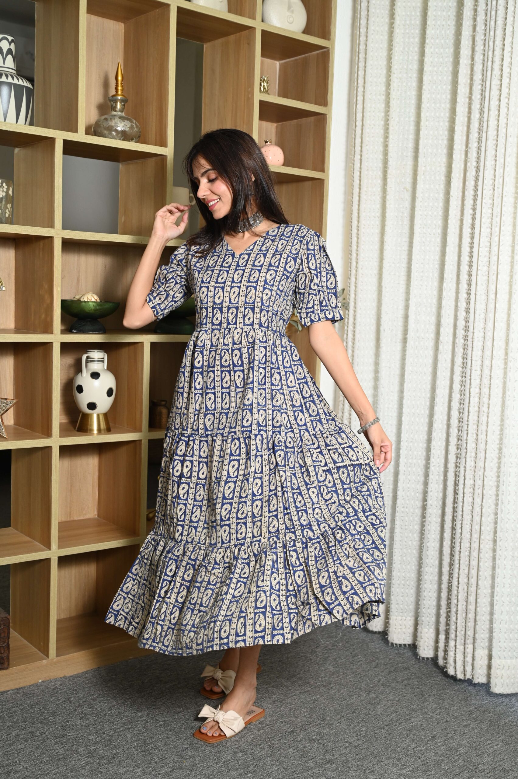 Navy Blue Floral Printed Cotton Anarkali Maxi Dress with Puff Sleeves Elegant Casual Wear