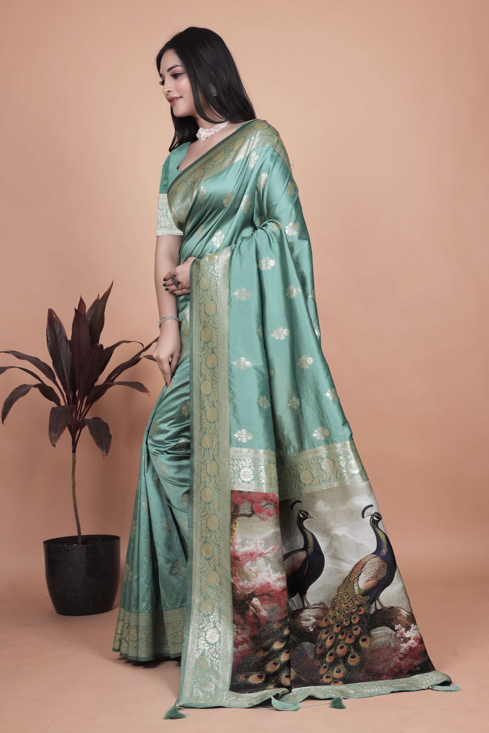 Elegant Sea Green Silk Saree with Golden Zari & Peacock Motif Pallu | Wedding, Festive & Traditional Wear