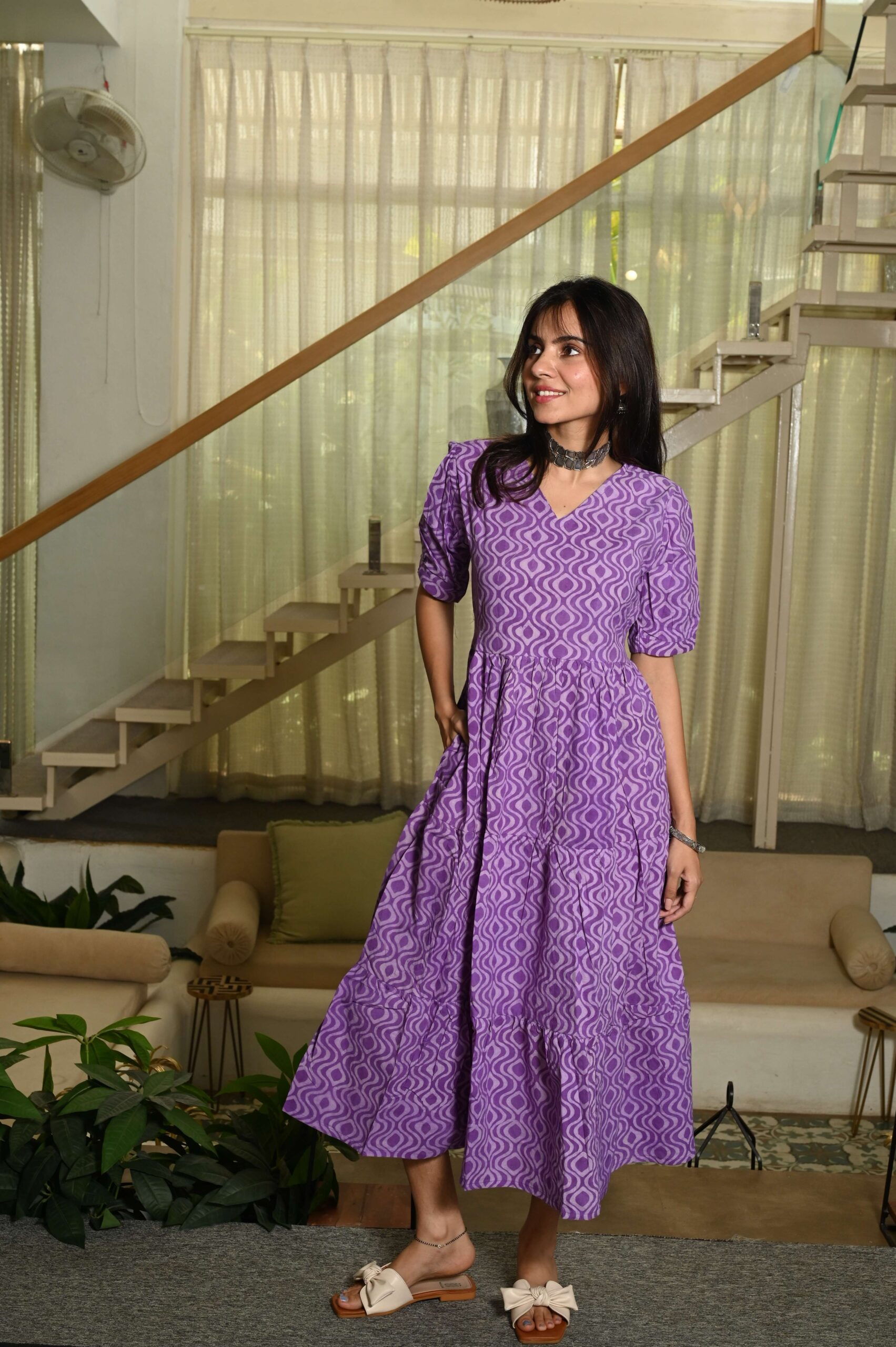 Purple Printed Cotton Anarkali Maxi Dress with Puff Sleeves Elegant Casual Wear