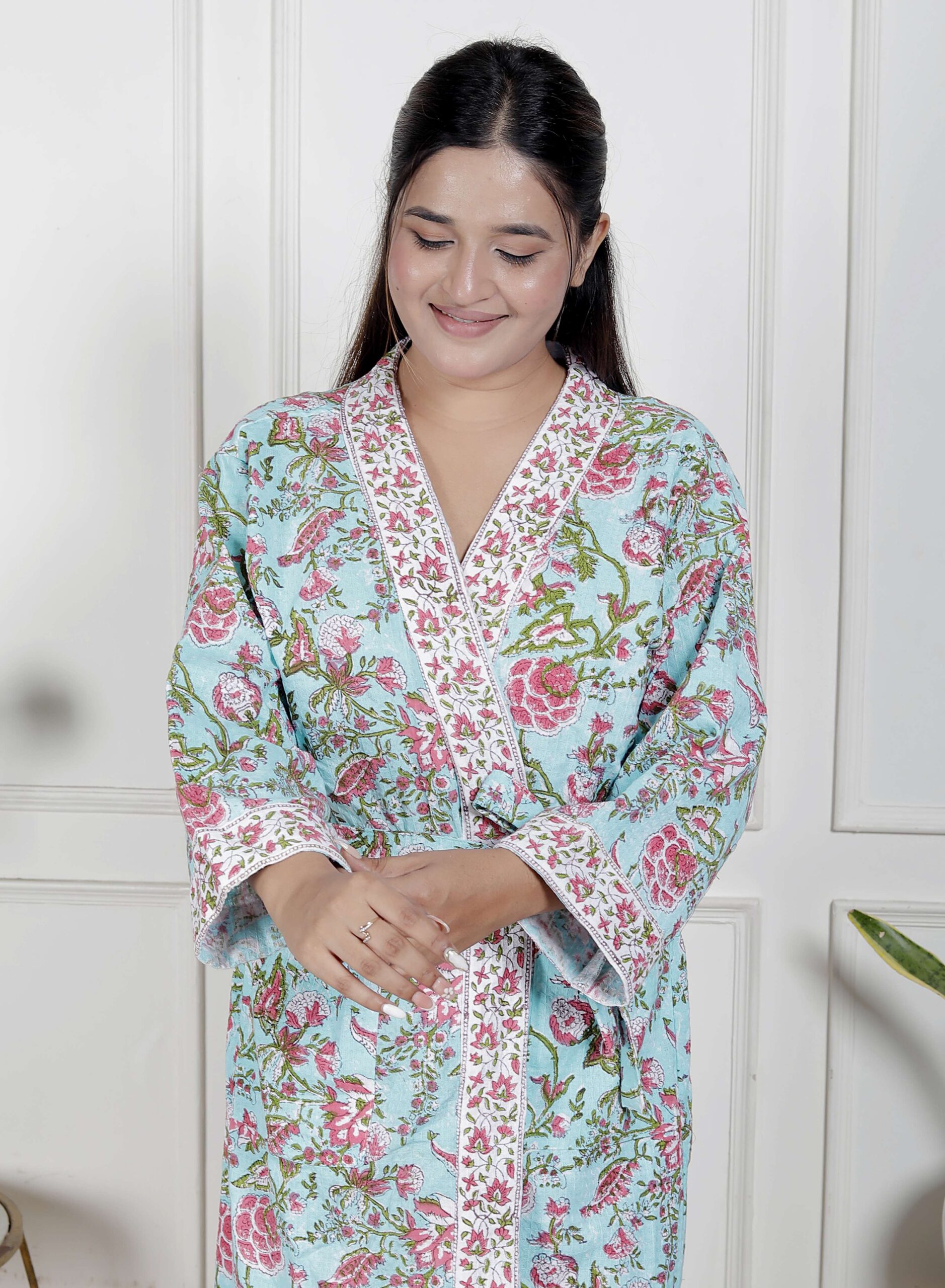 Handcrafted Cotton Block Printed Long Robe | Comfortable Loungewear & Bathrobe for Women