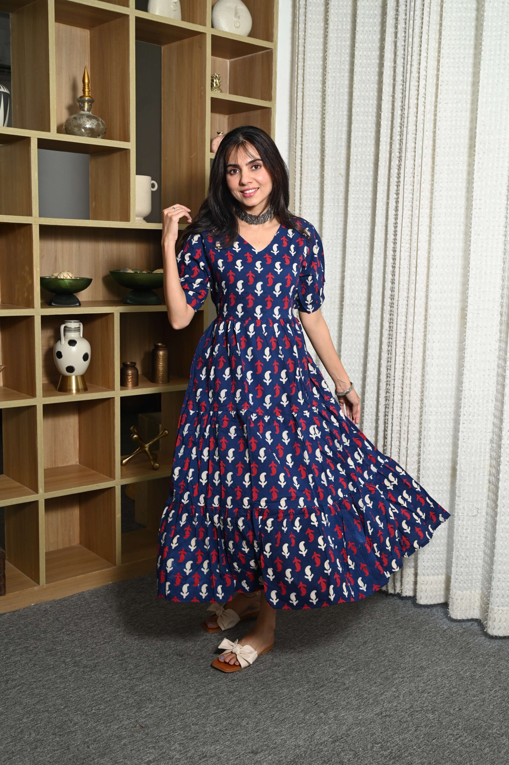 Navy Blue Floral Printed Cotton Anarkali Maxi Dress with Puff Sleeves Elegant Casual Wear