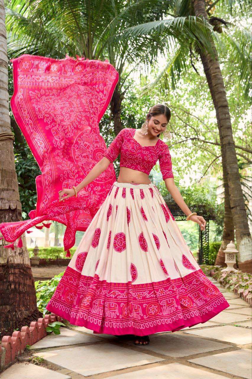 White Dola Silk Lehenga Choli with Pink Blouse | Bandhej & Patola Print | Wedding & Festive Wear