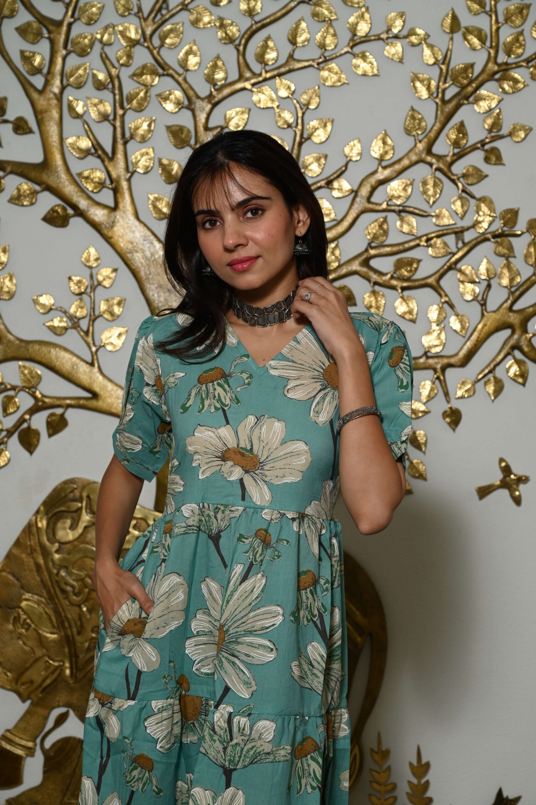 Teal-Blue Printed Cotton Anarkali Maxi Dress with Puff Sleeves Elegant Casual Wear