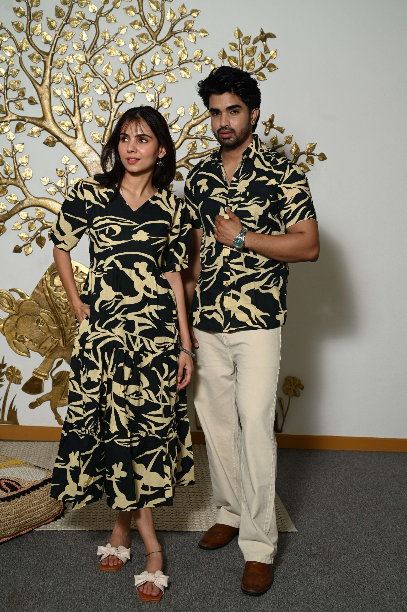 Couple Matching Black Printed Cotton Anarkali Midi Dress & Shirt Set ? Summer Casual Wear