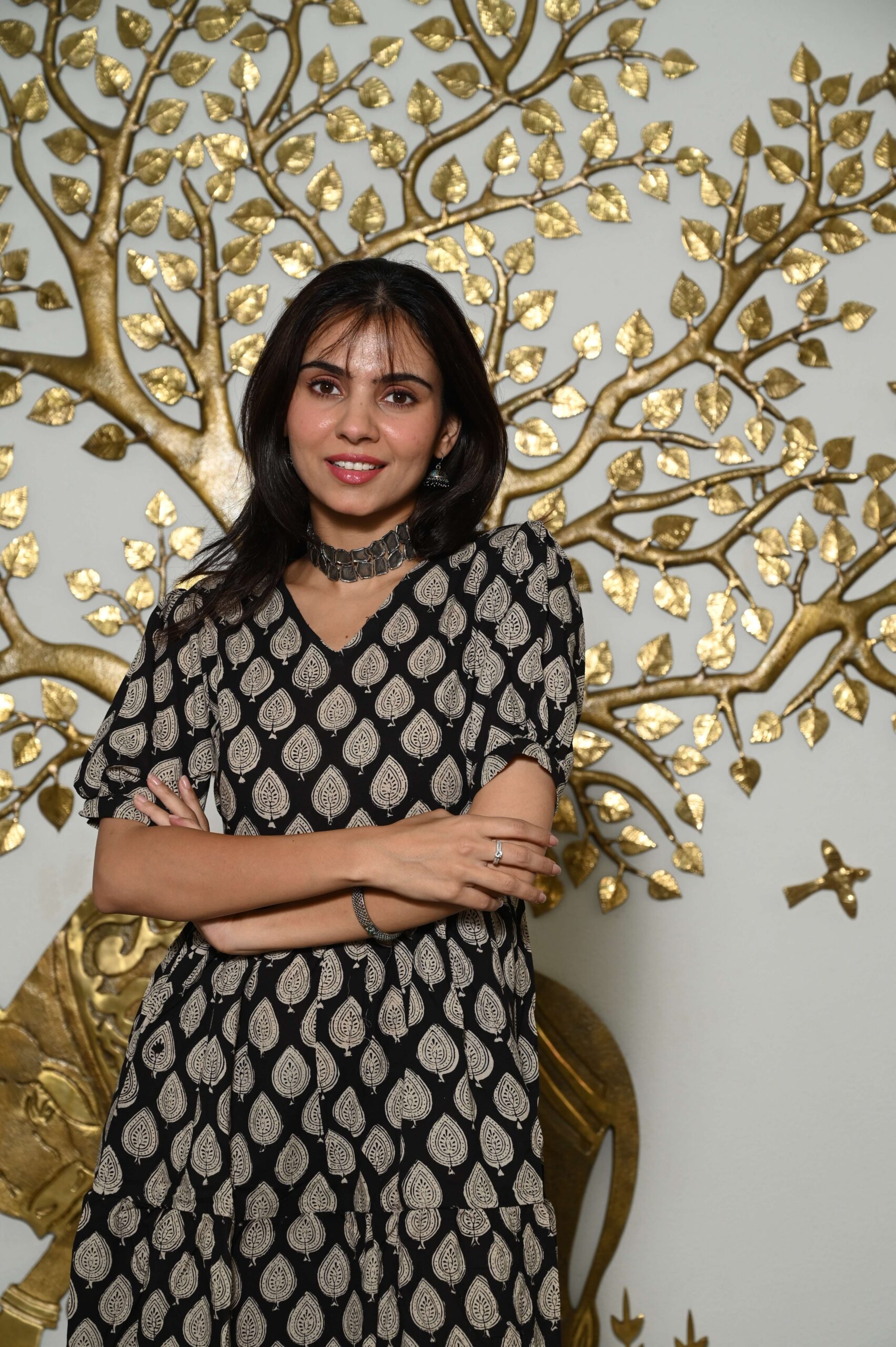 Black Printed Cotton Anarkali Maxi Dress with Puff Sleeves Elegant Casual Wear