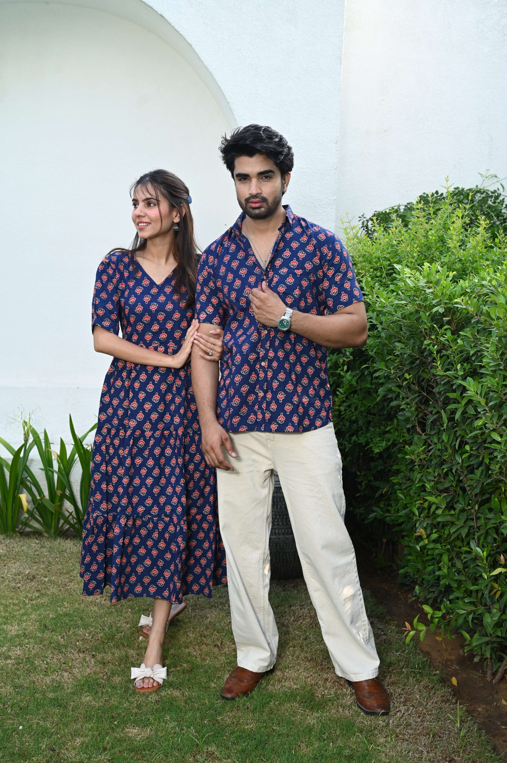 Couple Matching Navy Blue Cotton Printed Anarkali Midi Dress & Shirt Set ? Casual & Festive Wear