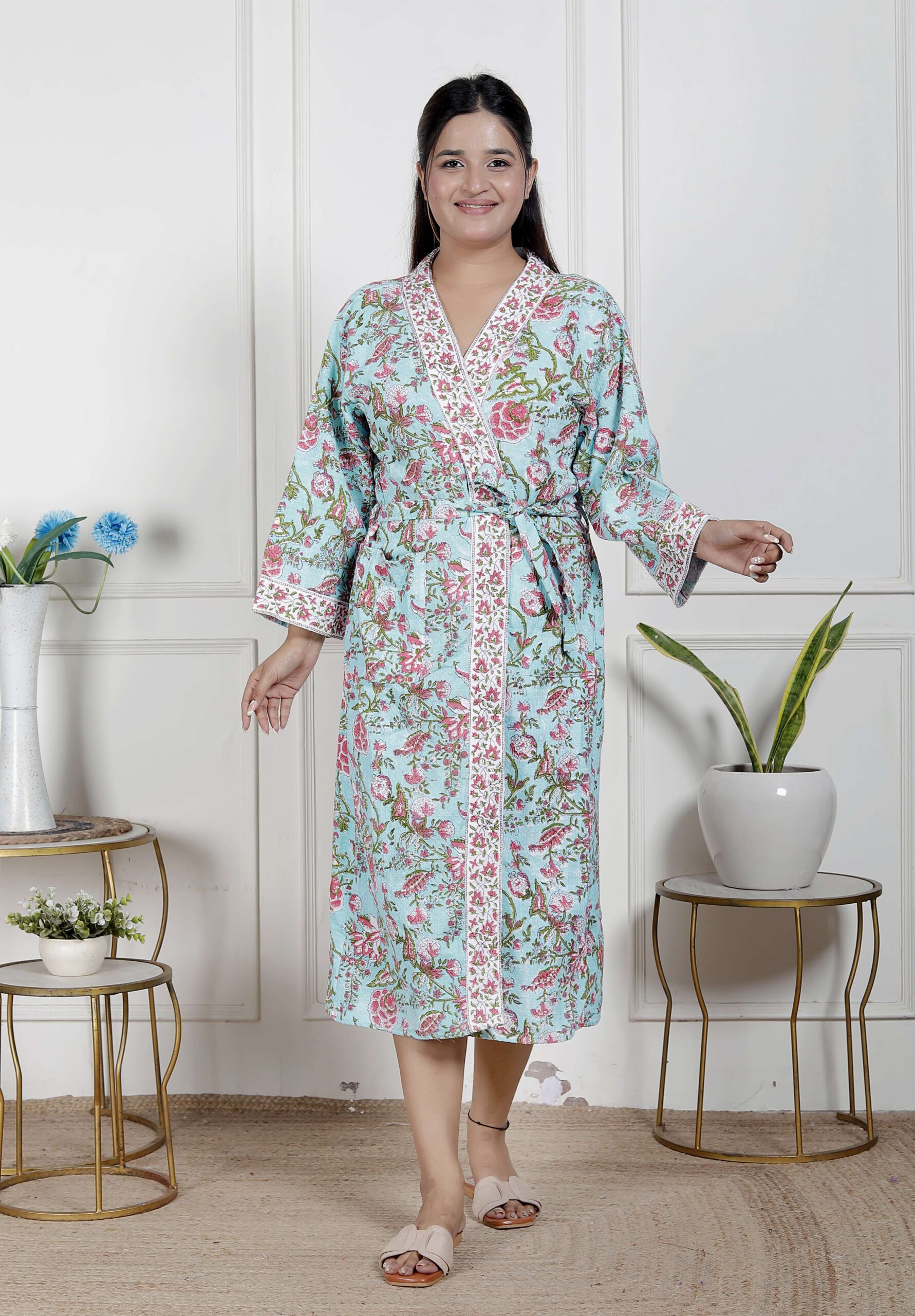 Handcrafted Cotton Block Printed Long Robe | Comfortable Loungewear & Bathrobe for Women