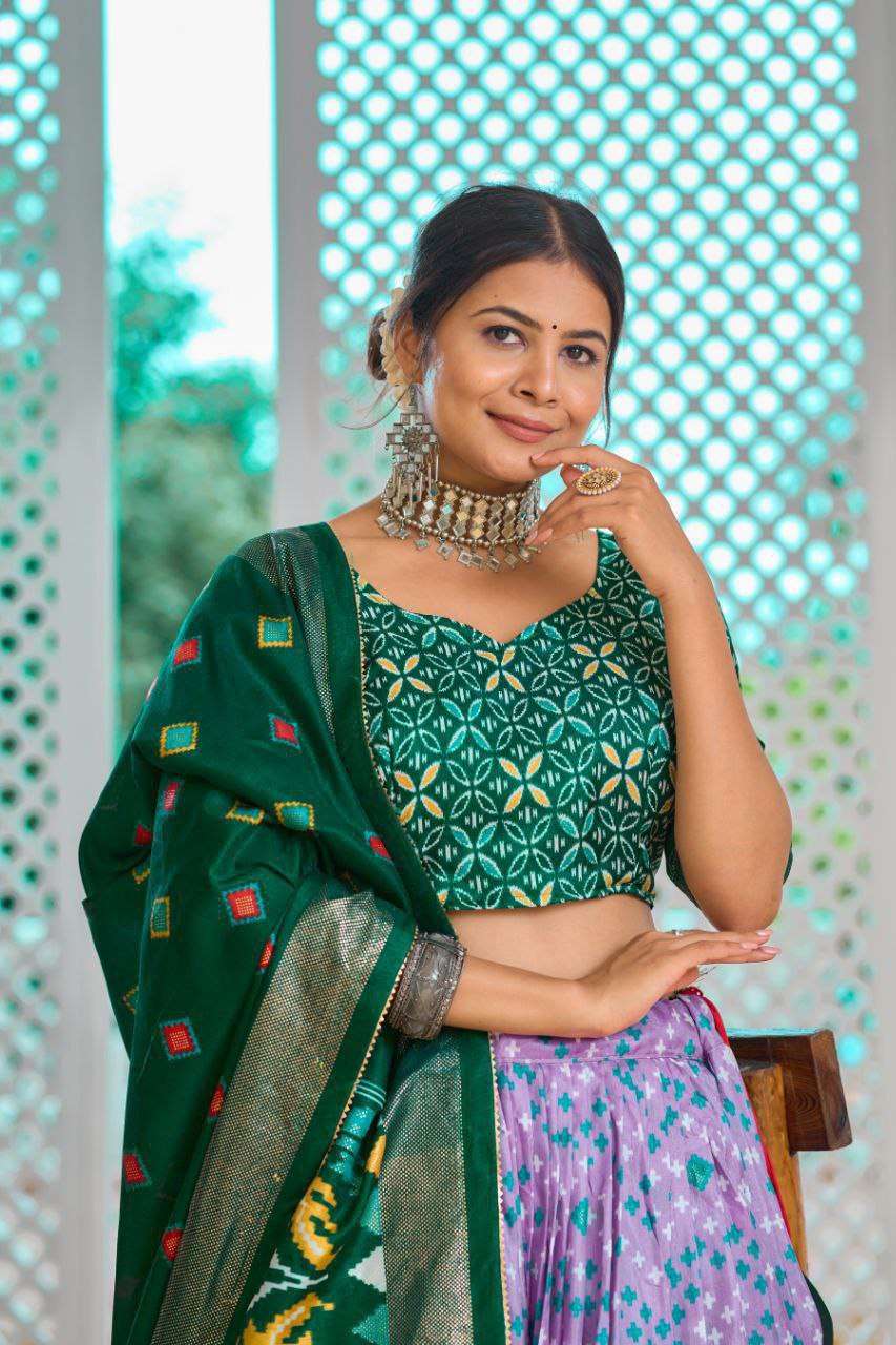 Light Baby Pink Tussar Silk Lehenga Choli with Green Blouse | Minakari & Foil Print | Wedding & Festive Wear