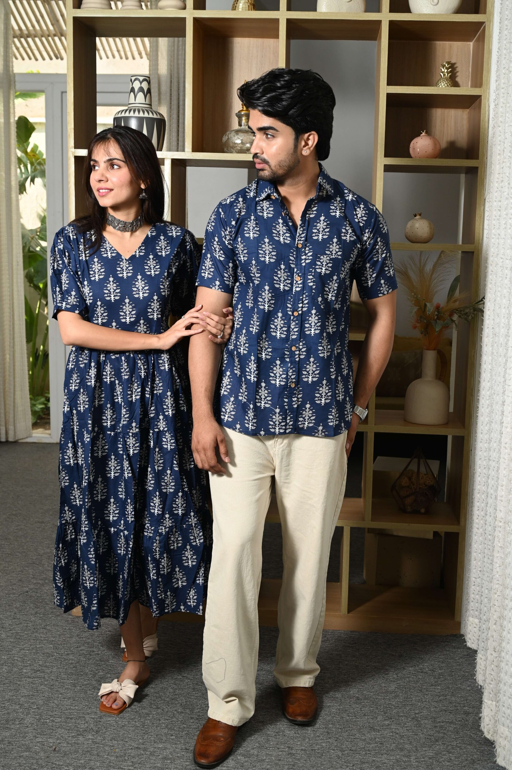 Couple Matching Navy-Blue Printed Cotton Anarkali Midi Dress & Shirt Set ? Summer Casual Wear