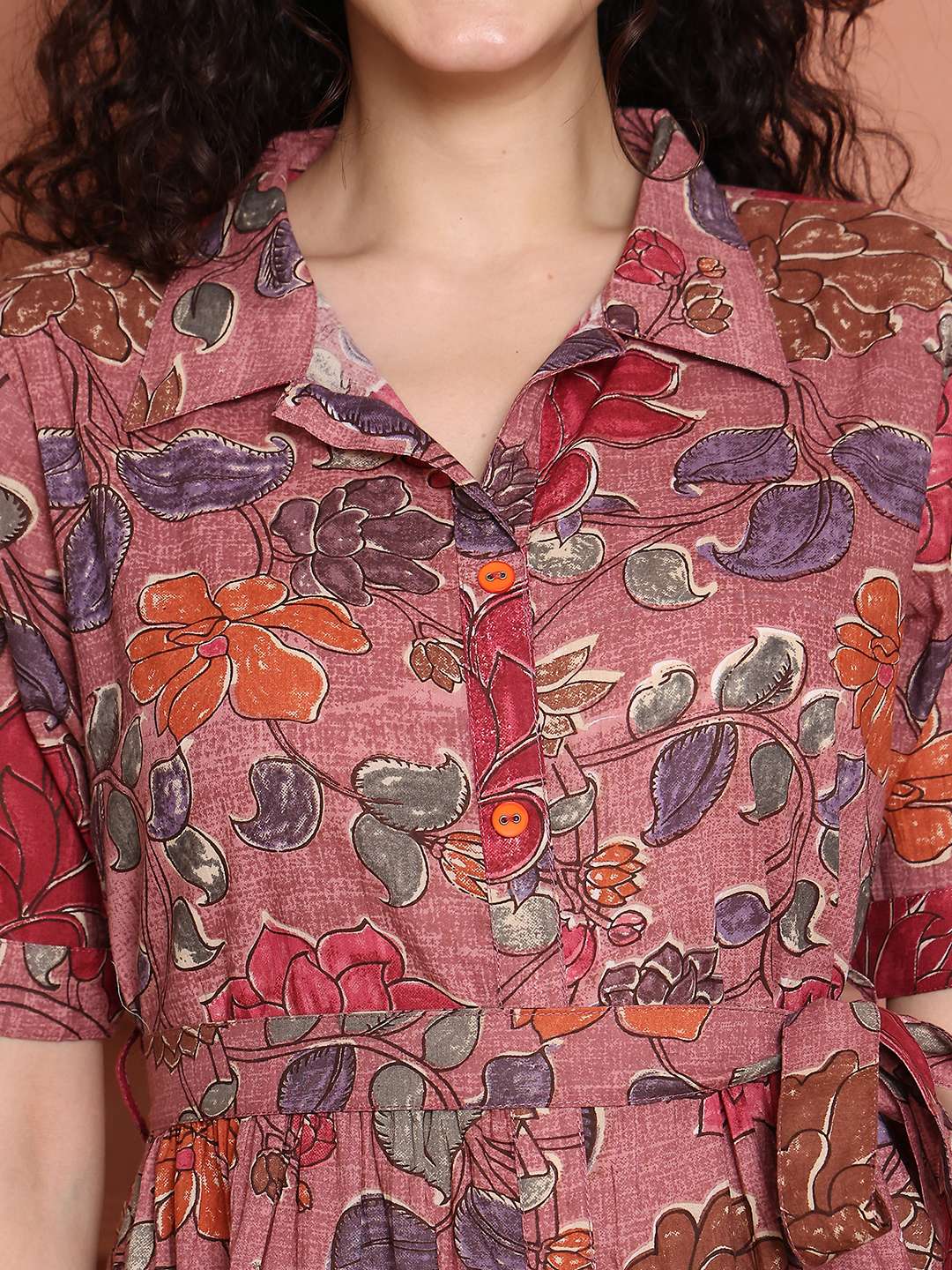 Women's Cotton Printed A-Line Midi Dress | Short Sleeve Flared Gown Dress (Pink)