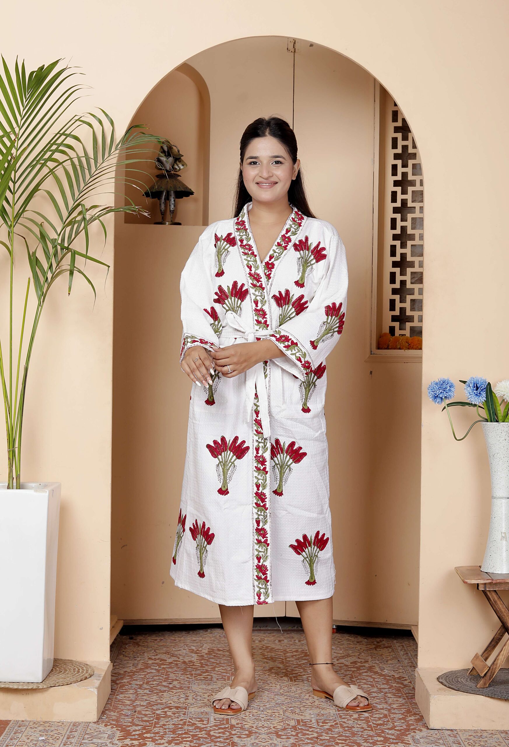 Handcrafted Cotton Block Printed Long Robe | Comfortable Loungewear & Bathrobe for Women