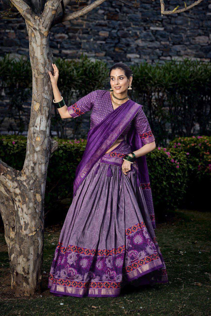 Purple Tussar Silk Lehenga Choli with Purple Blouse | Floral & Foil Print | Wedding & Festive Wear