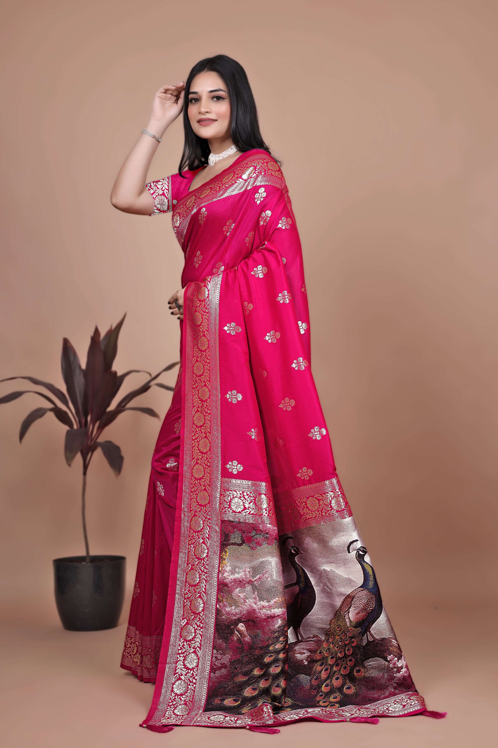 Majestic Magenta Silk Saree with Silver Zari & Twin Peacock Pallu | Wedding, Festive & Traditional Wear