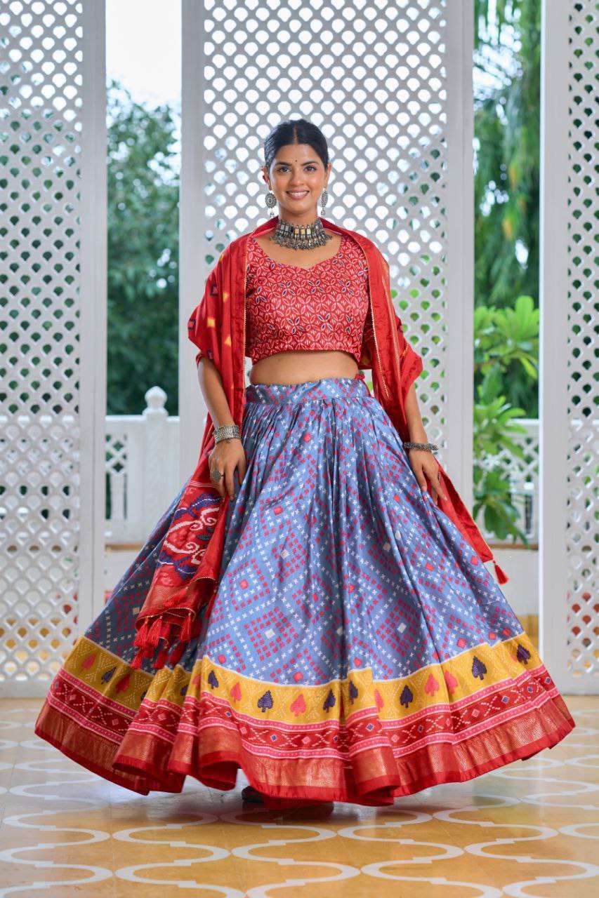 Sky Blue Tussar Silk Lehenga Choli with Red Blouse | Minakari & Foil Print | Wedding & Festive Wear
