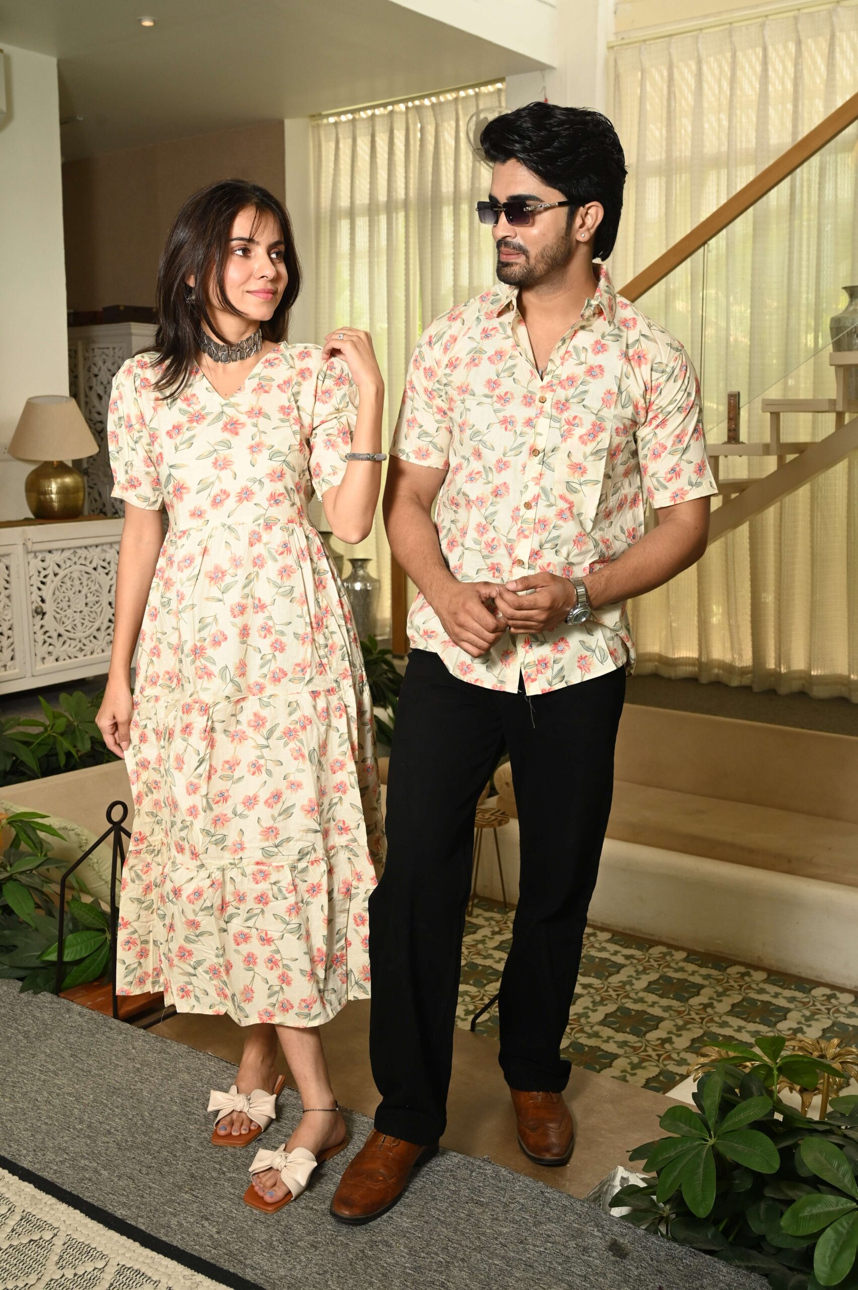 Couple Matching Cream floral Cotton Printed Anarkali Midi Dress & Shirt Set ? Casual & Festive Wear
