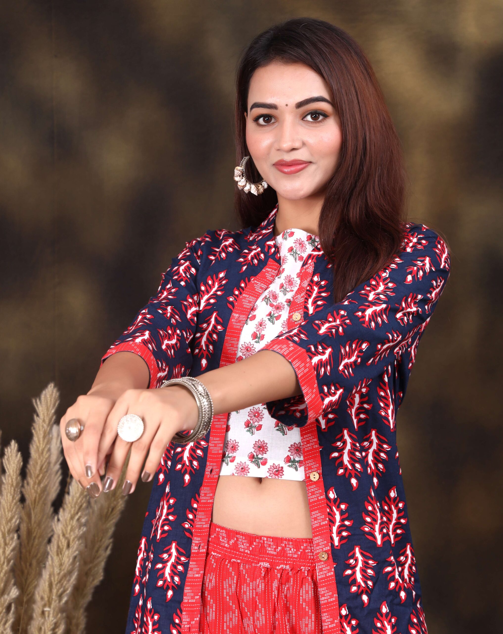 Women's Printed Long Shrug with Crop Top & Zigzag Pant Set