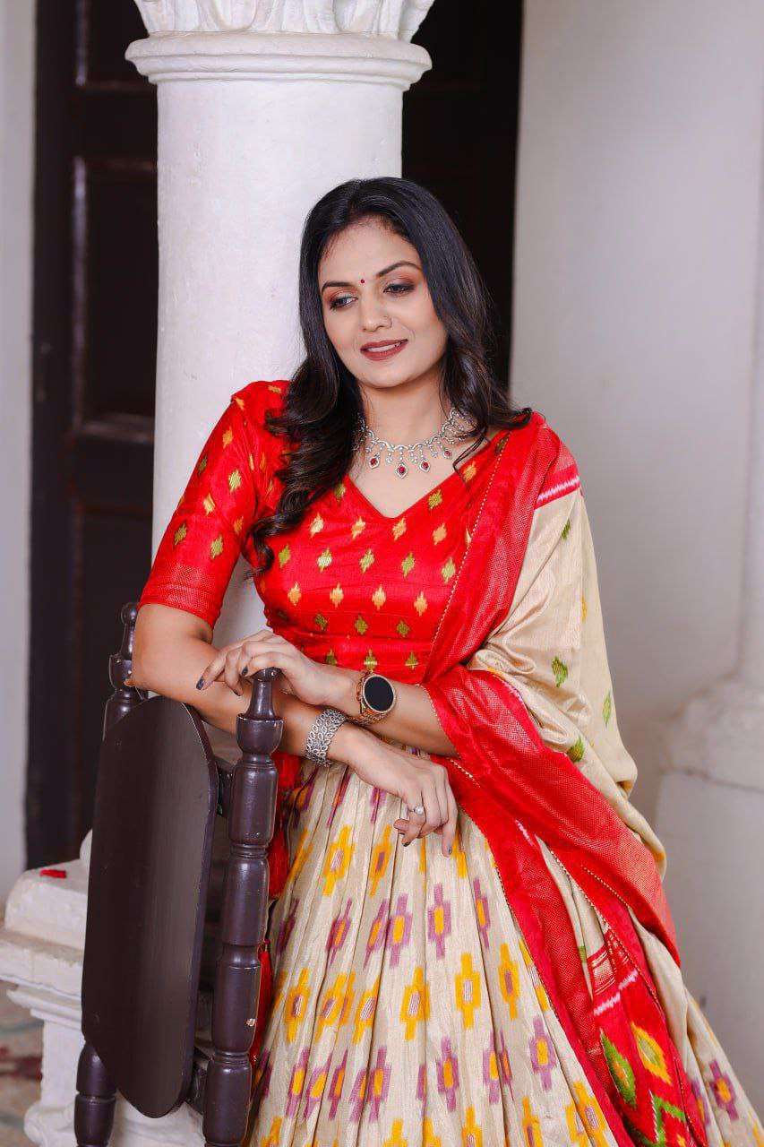 Scarlet Yellow Dola Silk Lehenga Choli with Red Blouse | Patola Print & Foil Work | Wedding & Festive Wear