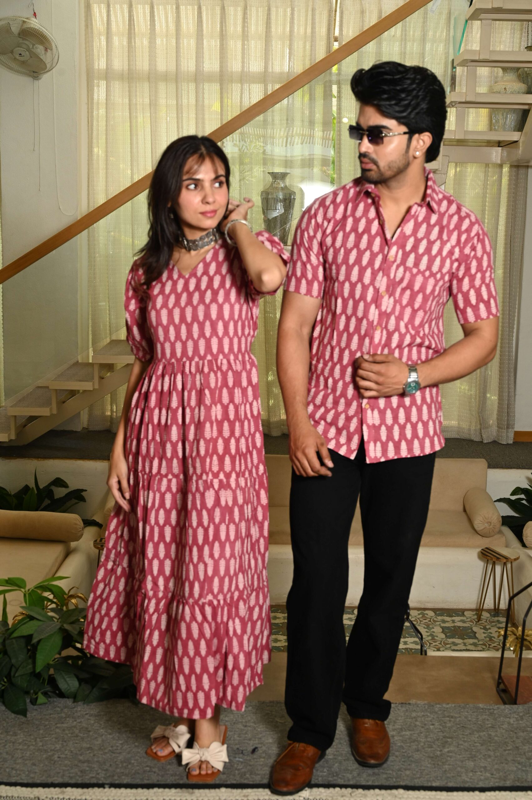 Couple Matching Pink Cotton Anarkali Midi Dress and Shirt Set ? White Handblock Leaf Print
