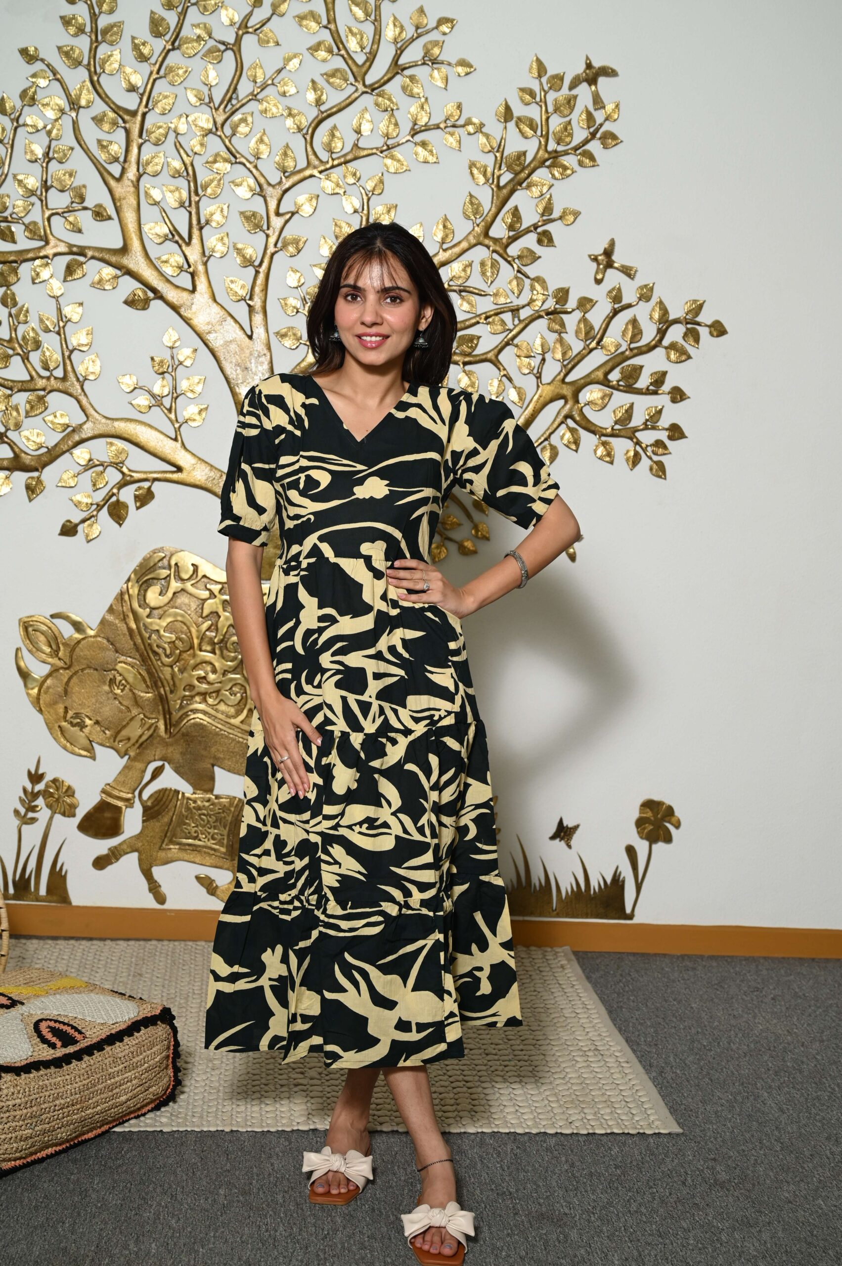 Black Printed Cotton Anarkali Maxi Dress with Puff Sleeves Elegant Casual Wear