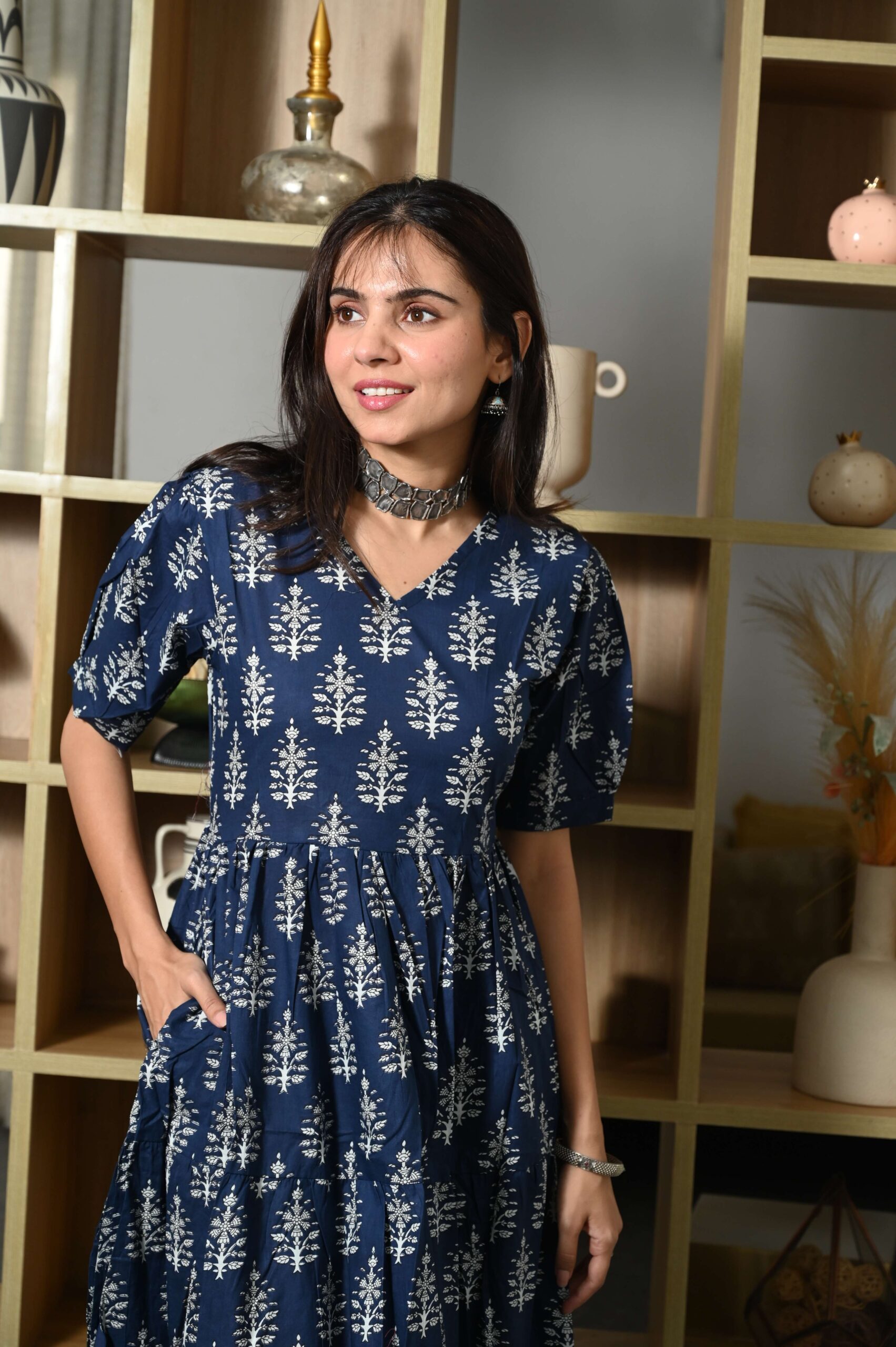 Navy-Blue Printed Cotton Anarkali Maxi Dress with Puff Sleeves Elegant Casual Wear