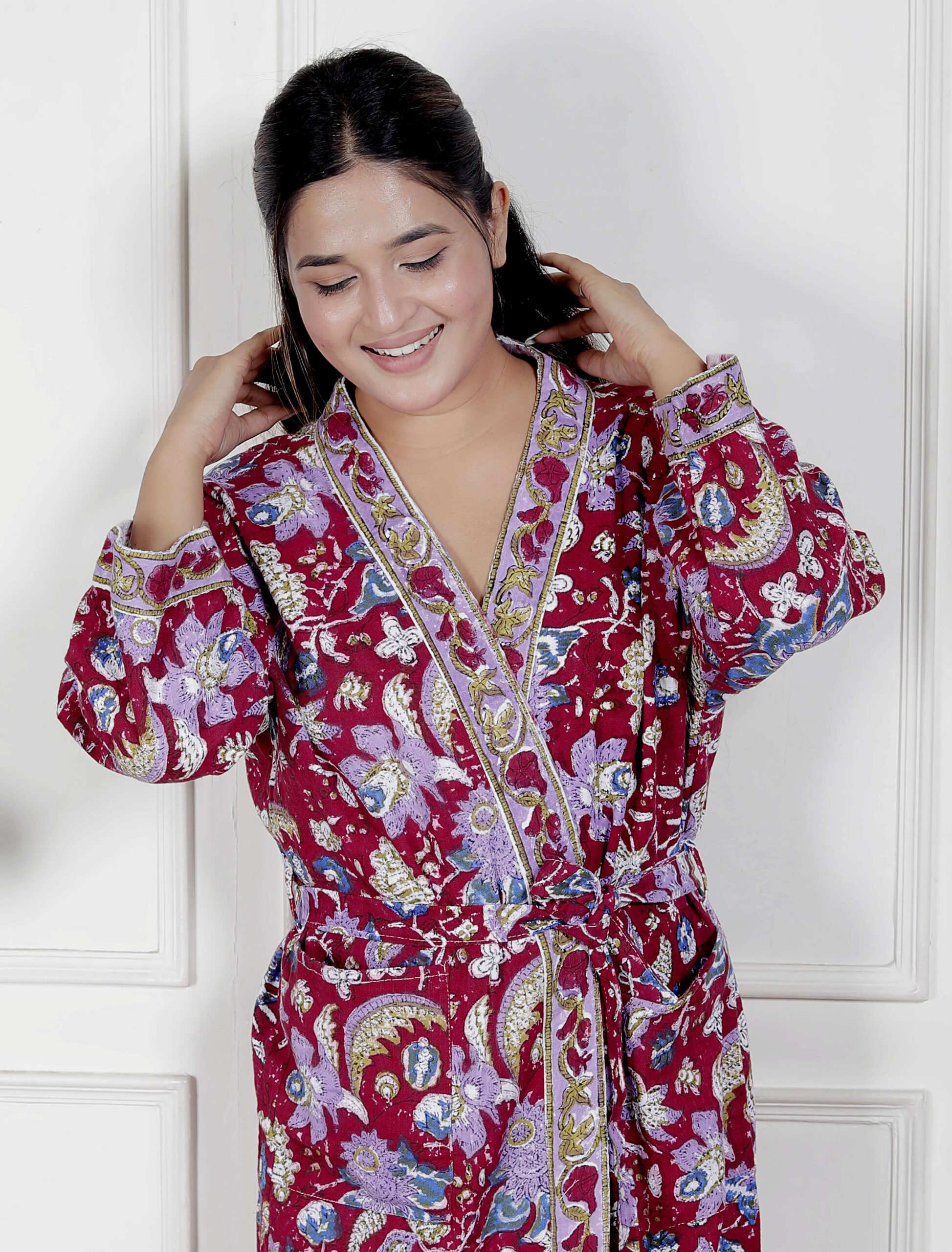 Handcrafted Cotton Block Printed Long Robe | Comfortable Loungewear & Bathrobe for Women
