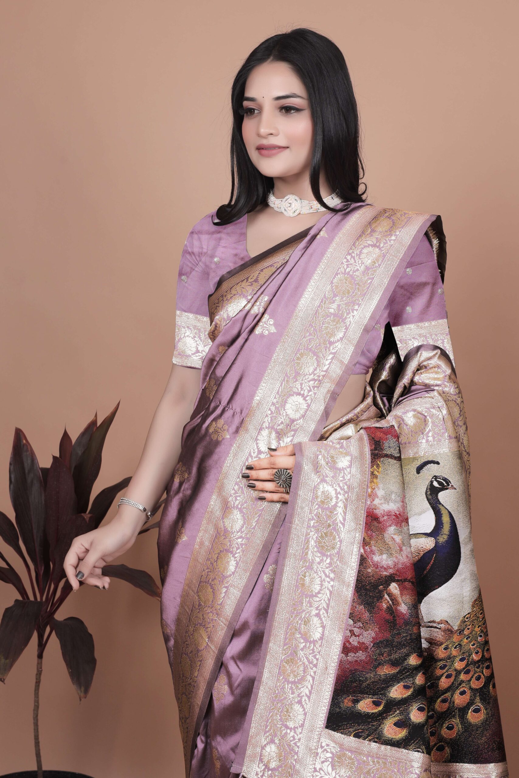 Lavender Banarasi Silk Saree with Golden Zari & Peacock Motif Pallu | Wedding, Festive & Traditional Wear