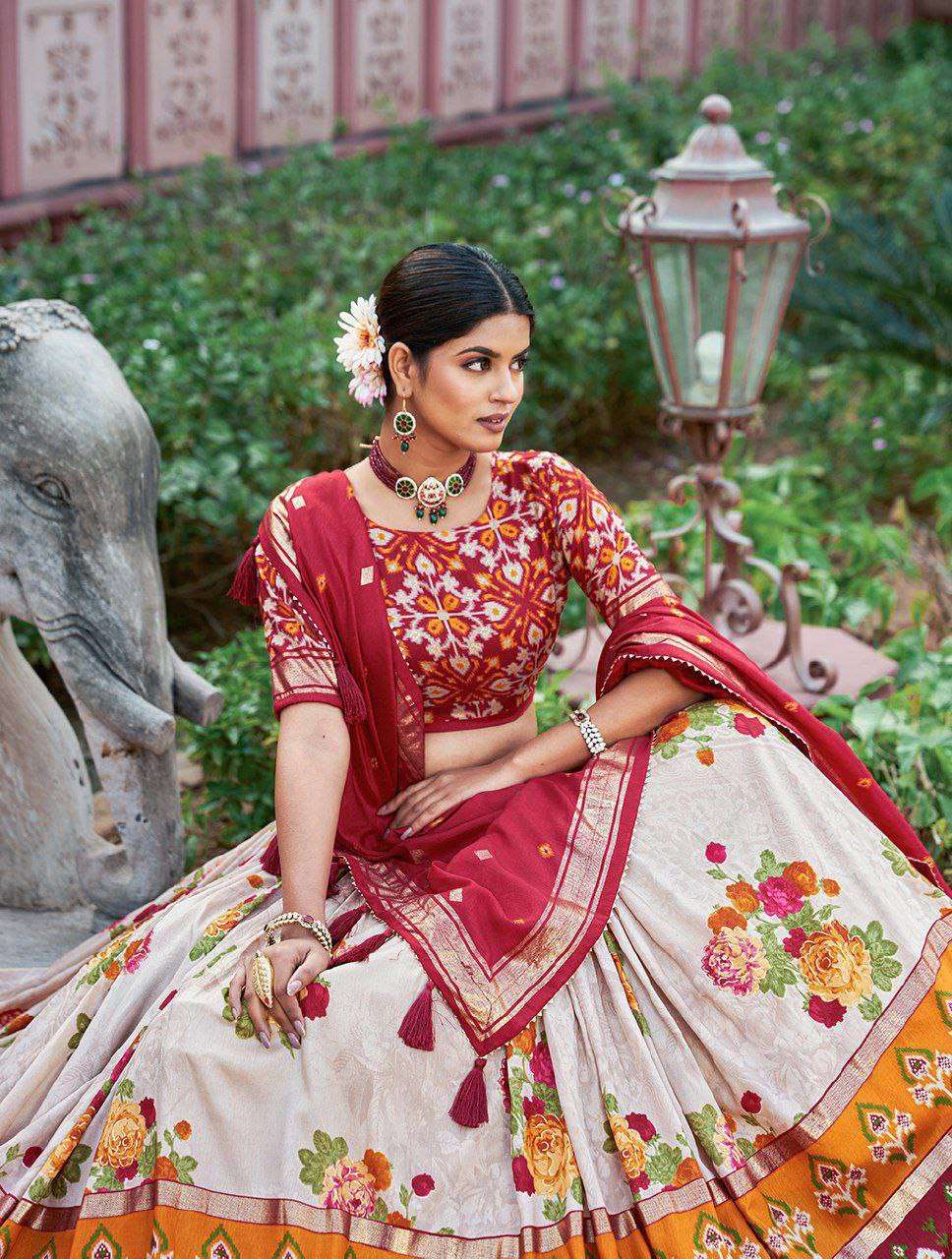 White Tussar Silk Lehenga Choli with Red Blouse | Patola Print & Foil Work | Wedding & Festive Wear