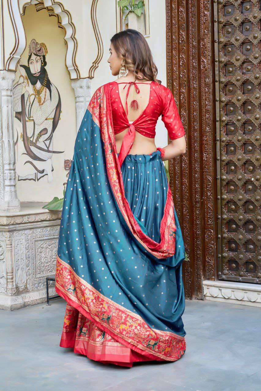 Teal Blue Dola Silk Lehenga Choli with Red Blouse | Bandhej & Ajarakh Print | Wedding & Festive Wear