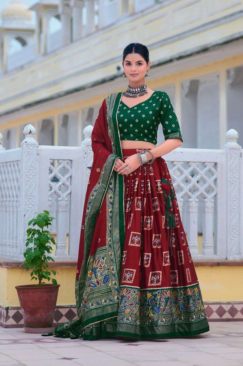 Maroon Tussar Silk Lehenga Choli with Dark Green Blouse | Bandhani Peacock & Foil Print | Wedding & Festive Wear
