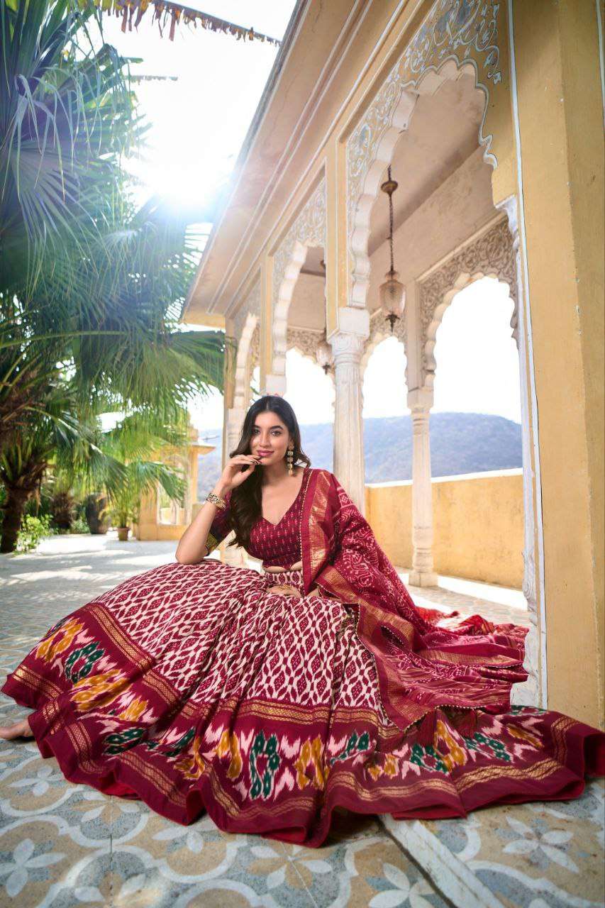 Full Maroon Tussar Silk Lehenga Choli with White Blouse | Patola Print & Foil Work | Wedding & Festive Wear