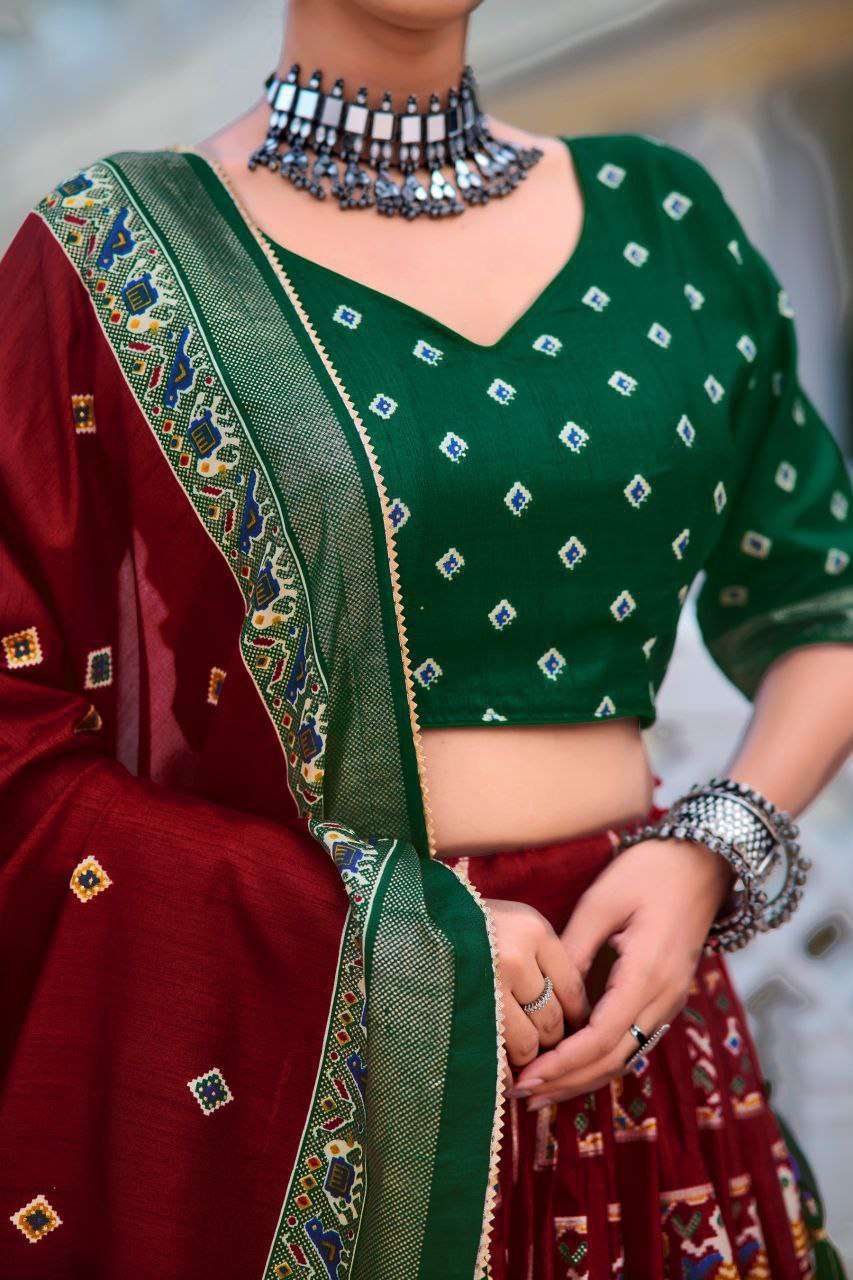 Maroon Tussar Silk Lehenga Choli with Dark Green Blouse | Bandhani Peacock & Foil Print | Wedding & Festive Wear