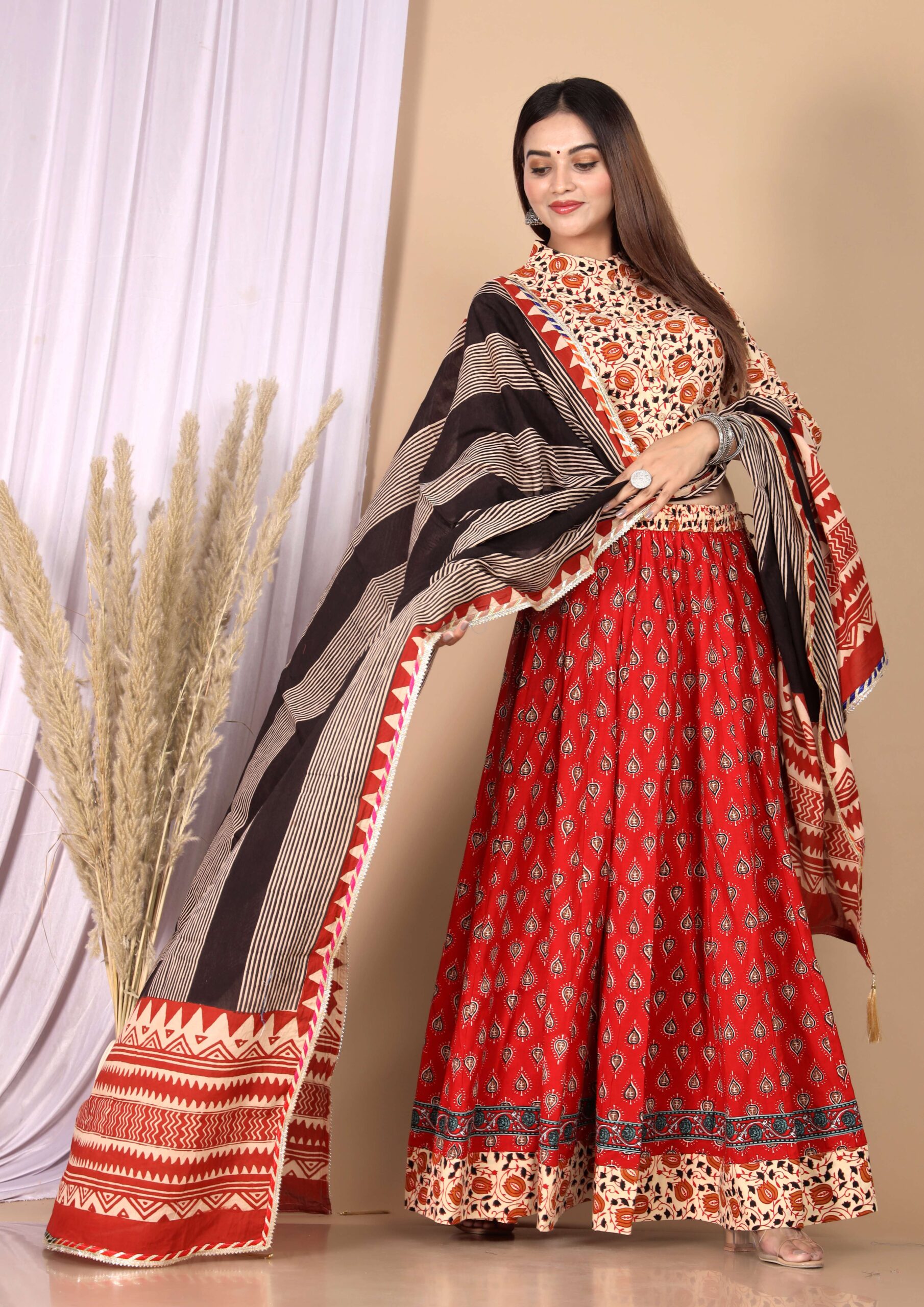 Women’s Red Cotton Printed Lehenga Choli Dupatta Set