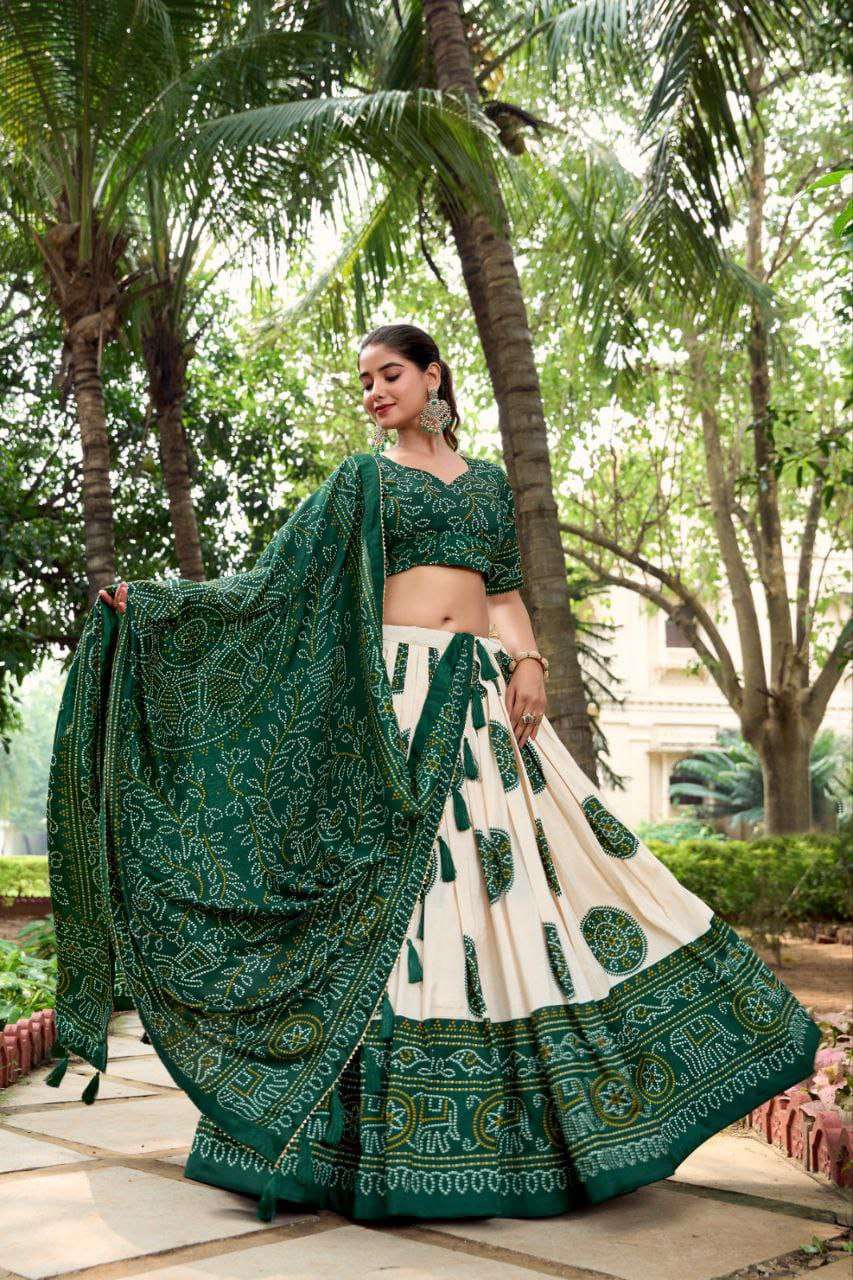 White Dola Silk Lehenga Choli with Forest Green Blouse | Bandhej & Patola Print | Wedding & Festive Wear