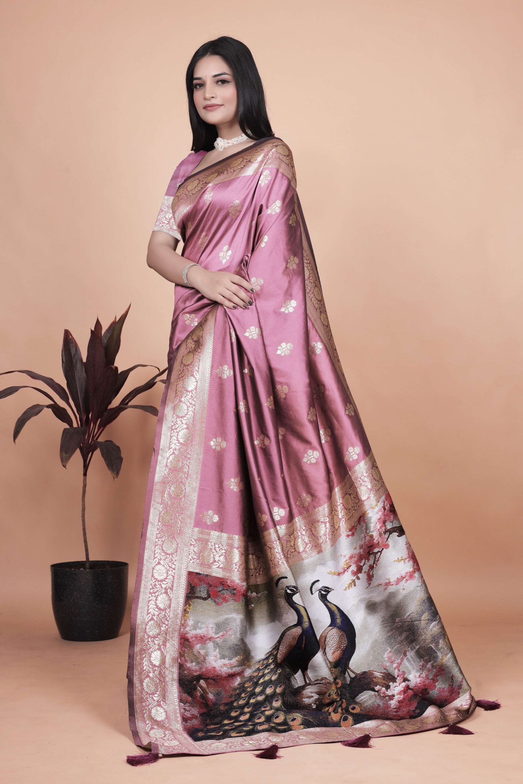 Rosewood Pink Banarasi Silk Saree with Golden Zari & Peacock Pallu | Wedding, Festive & Traditional Wear