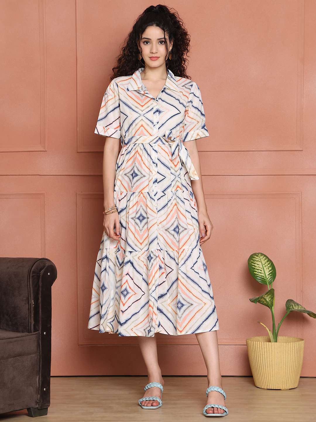 Women's Cotton Printed A-Line Midi Dress | Short Sleeve Flared Gown Dress (White)