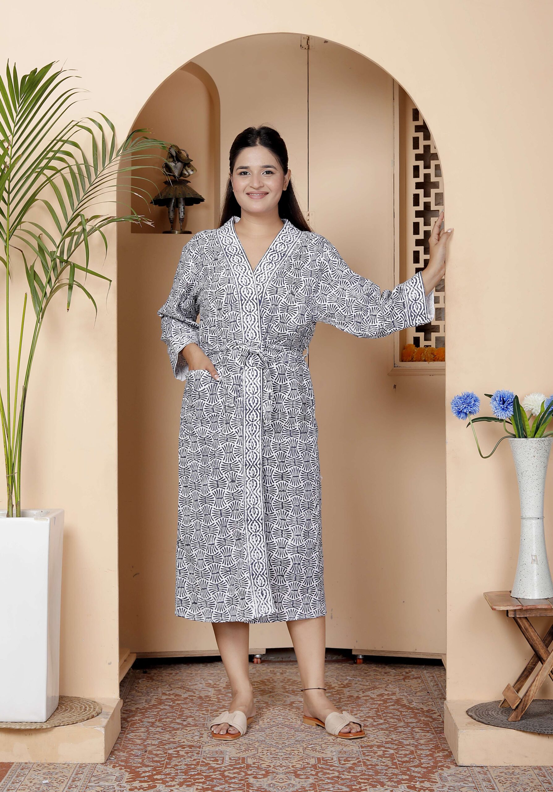 Handcrafted Cotton Block Printed Long Robe | Comfortable Loungewear & Bathrobe for Women