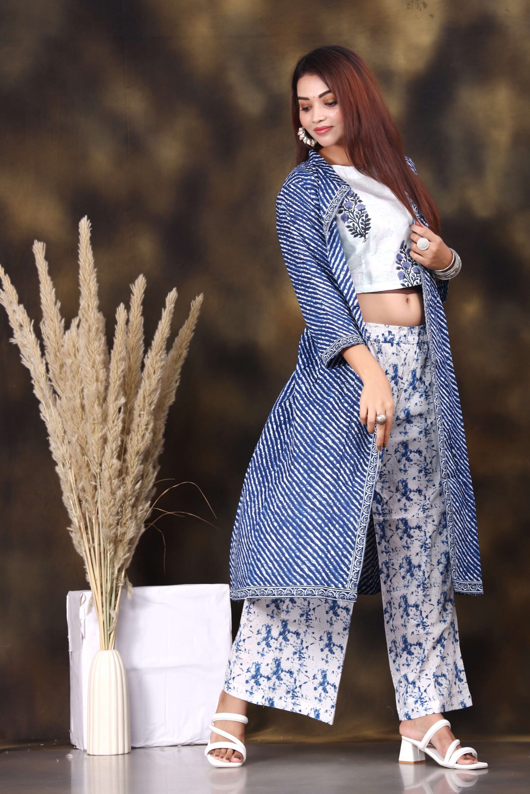 Women's Printed Long Shrug with Crop Top & Printed Pant Set