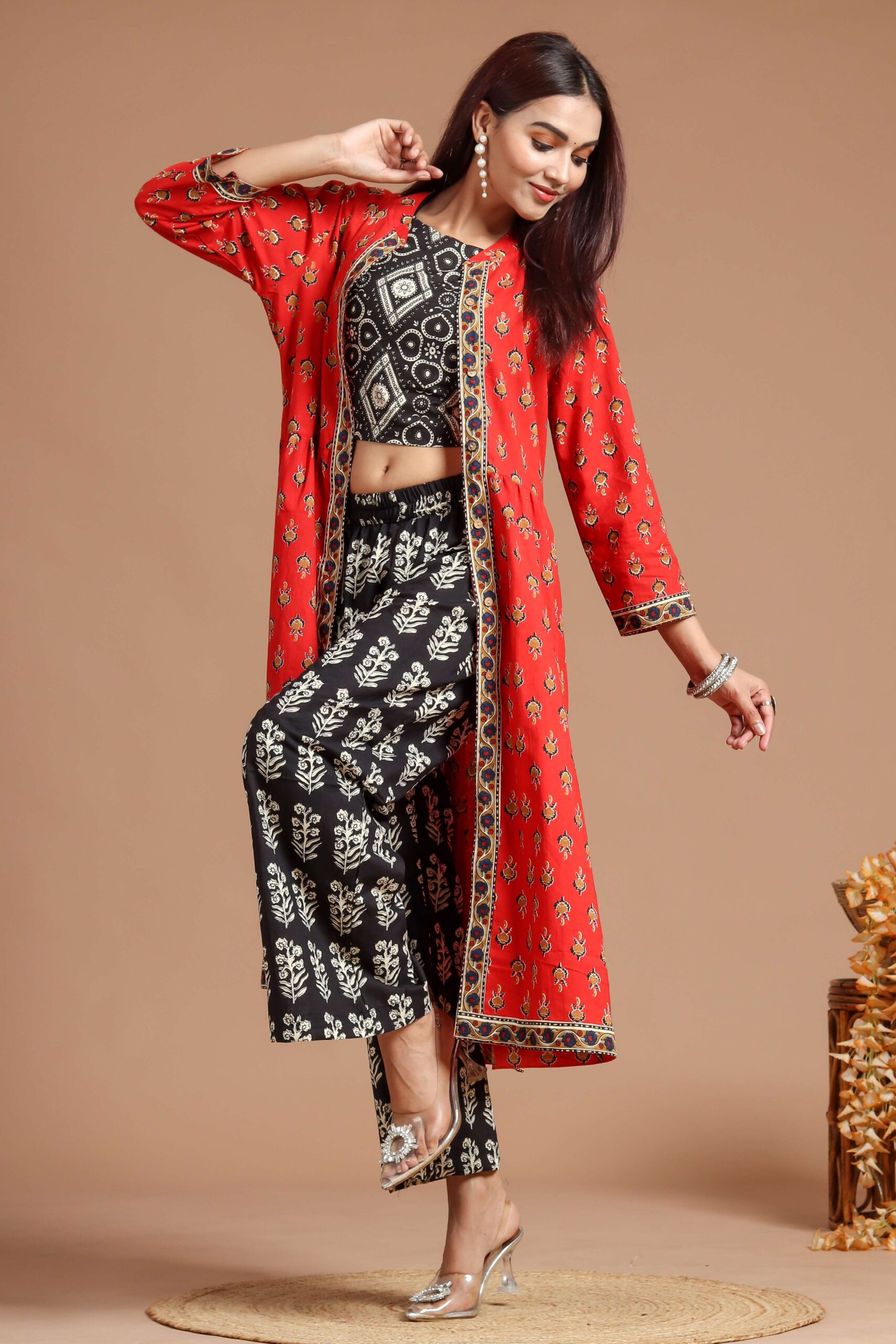 Women's Printed Long Shrug with Crop Top & Floral Pant Set