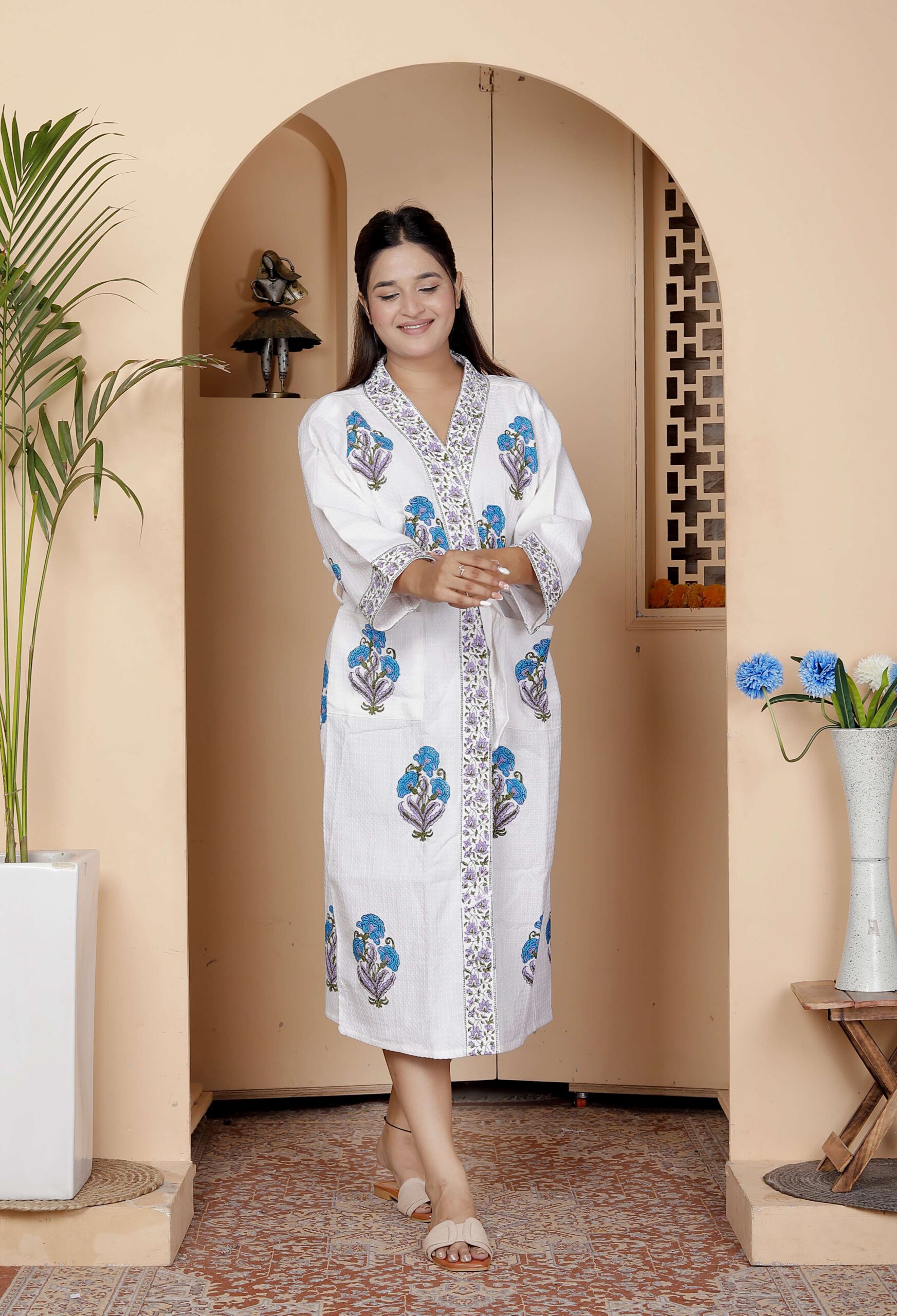 Handcrafted Cotton Block Printed Long Robe | Comfortable Loungewear & Bathrobe for Women