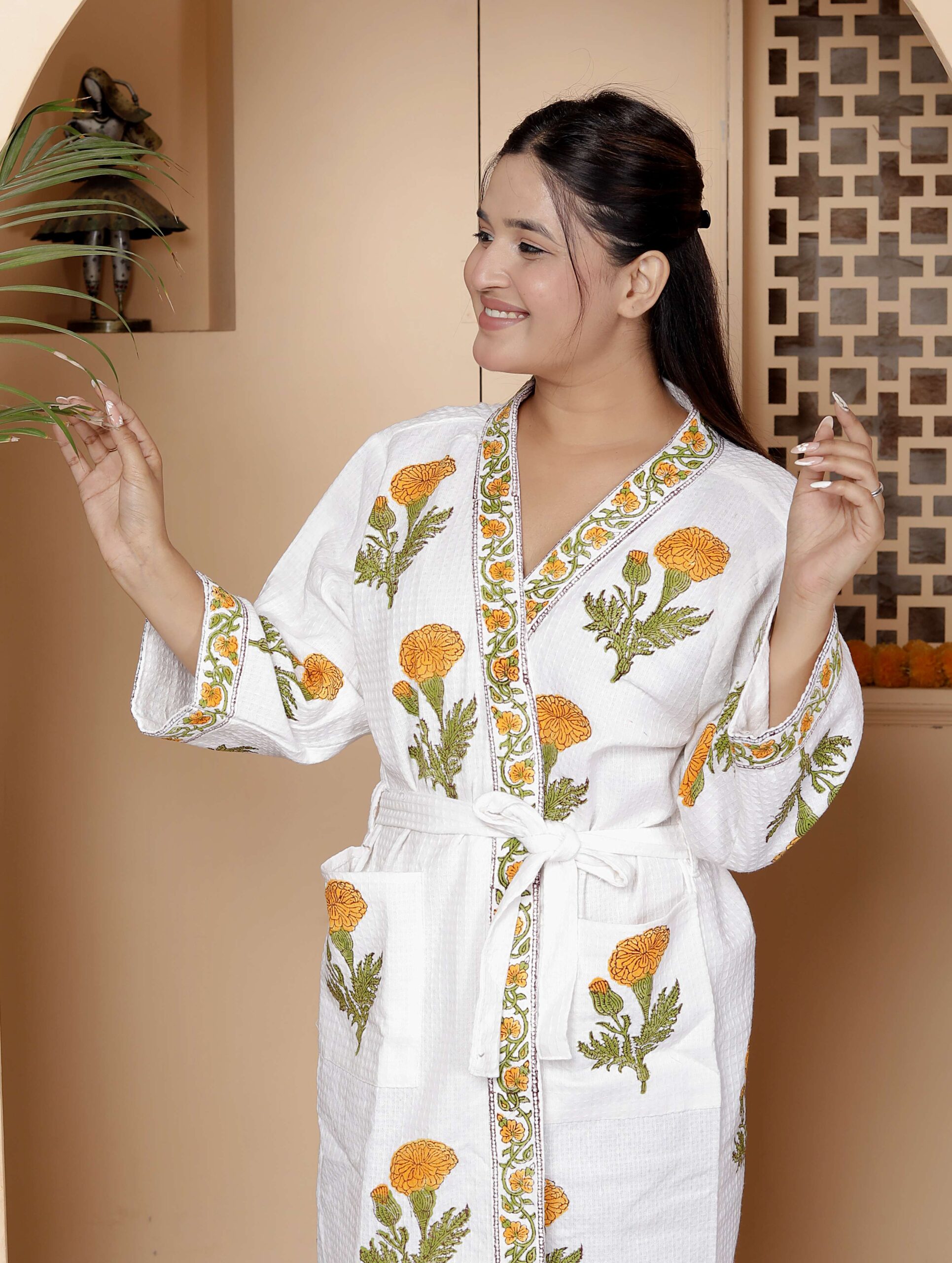 Handcrafted Cotton Block Printed Long Robe | Comfortable Loungewear & Bathrobe for Women