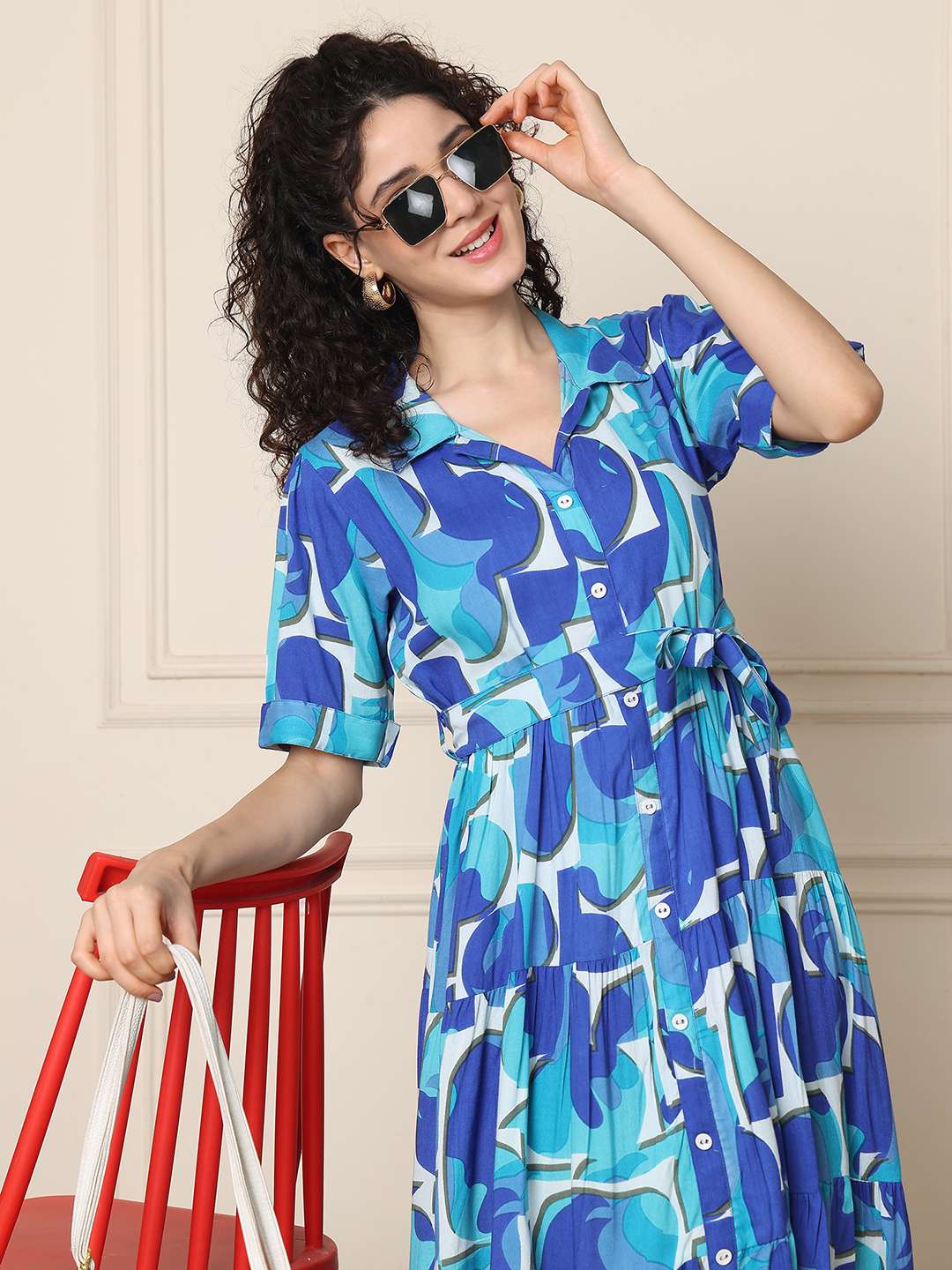 Women's Cotton Printed A-Line Midi Dress | Short Sleeve Flared Gown Dress (Navy Blue)