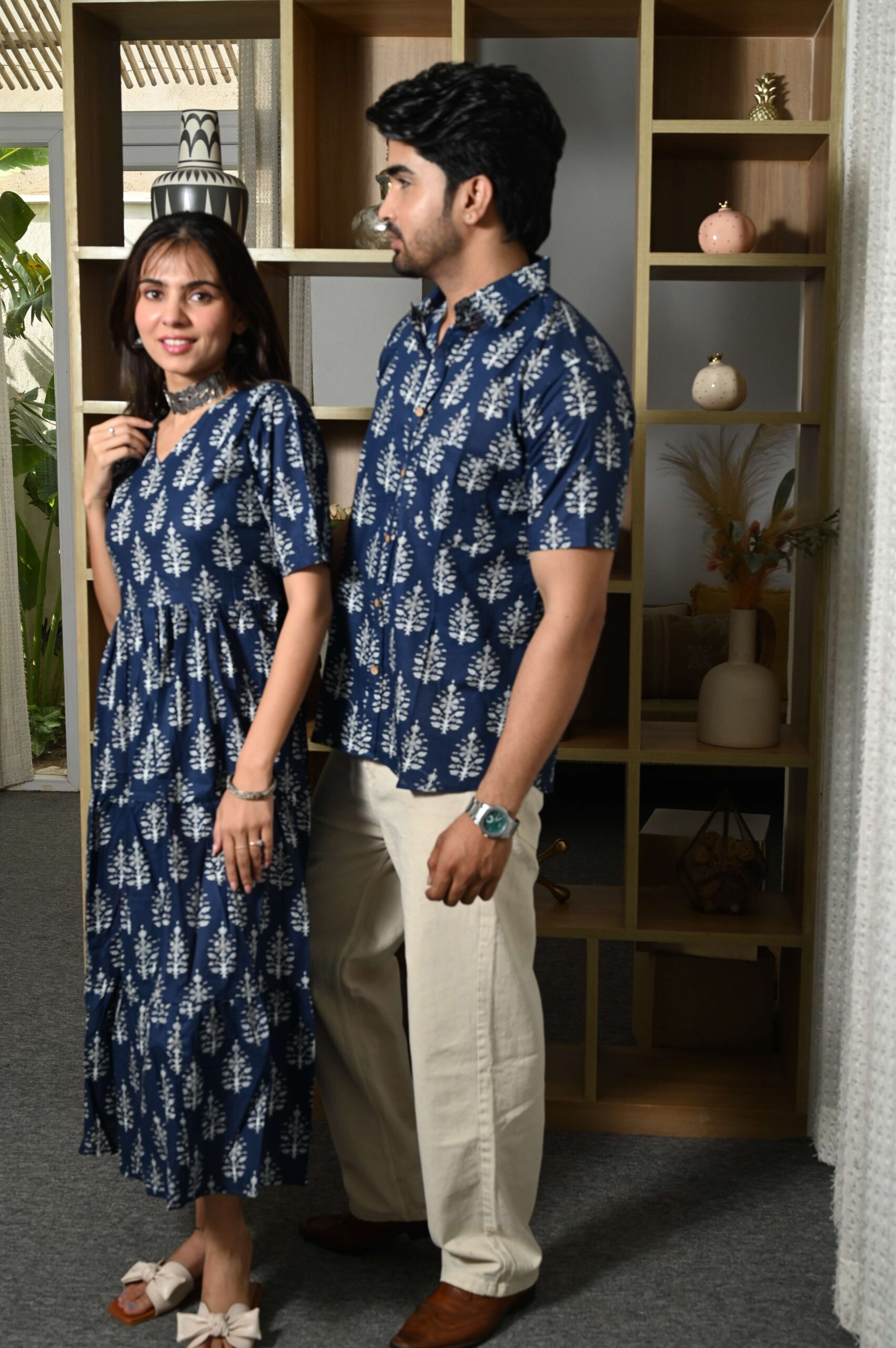 Couple Matching Navy-Blue Printed Cotton Anarkali Midi Dress & Shirt Set ? Summer Casual Wear