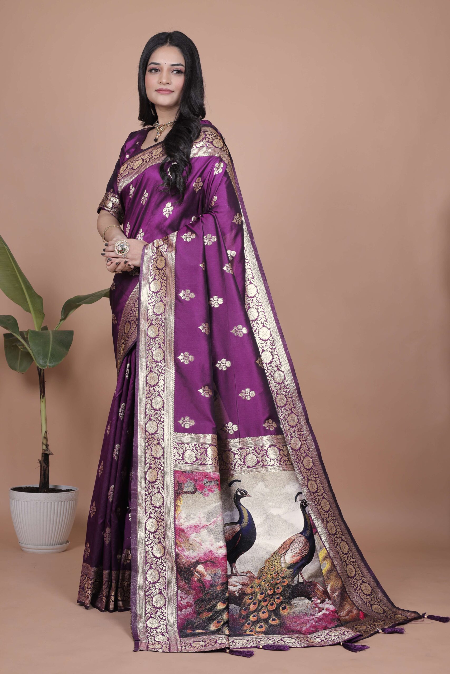 Royal Purple Banarasi Silk Saree with Golden Zari & Peacock Pallu | Wedding, Festive & Traditional Wear